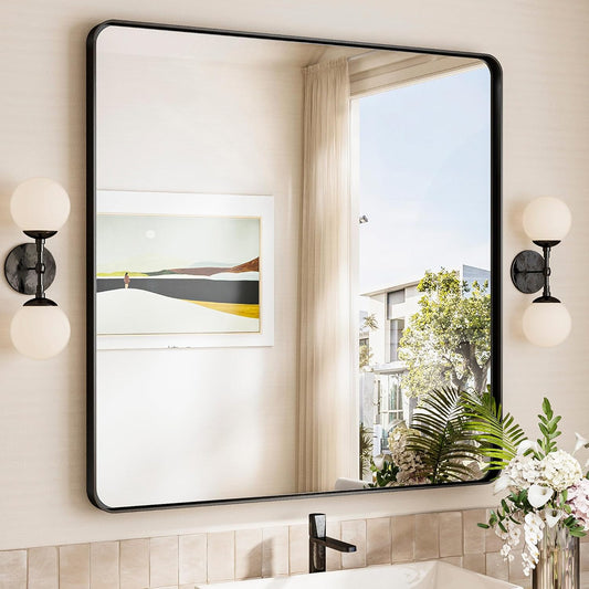 TokeShimi 36x36 Matte Black Bathroom Mirror,Bathroom Vanity Mirror Square,Tempered Glass,Black Framed Bath Mirror Wall(Horizontal/Vertical)