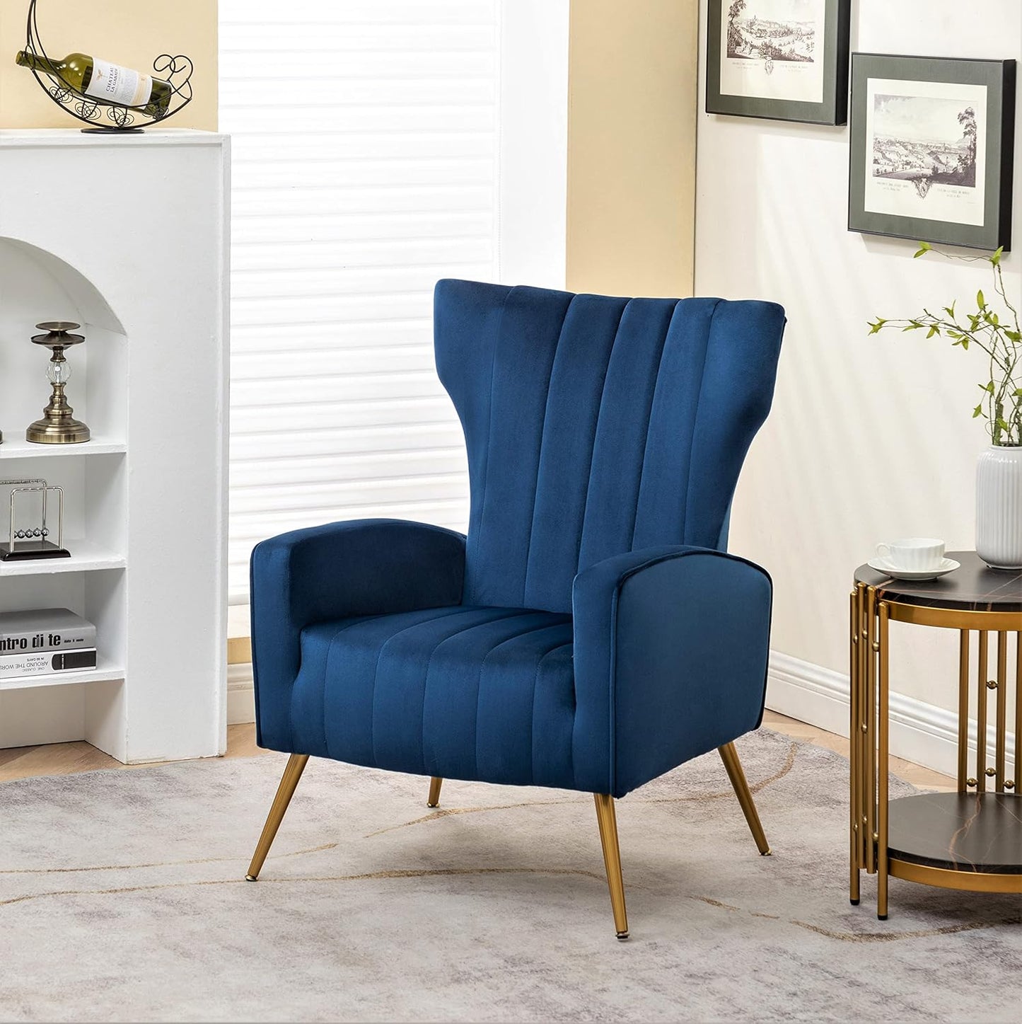 Container Furniture Direct Modern Velvet Accent Chair, Channel Tufted Bedroom, Office or Living Room Furniture with Elegant Metal Legs, 26" Wide Armchair, Blue