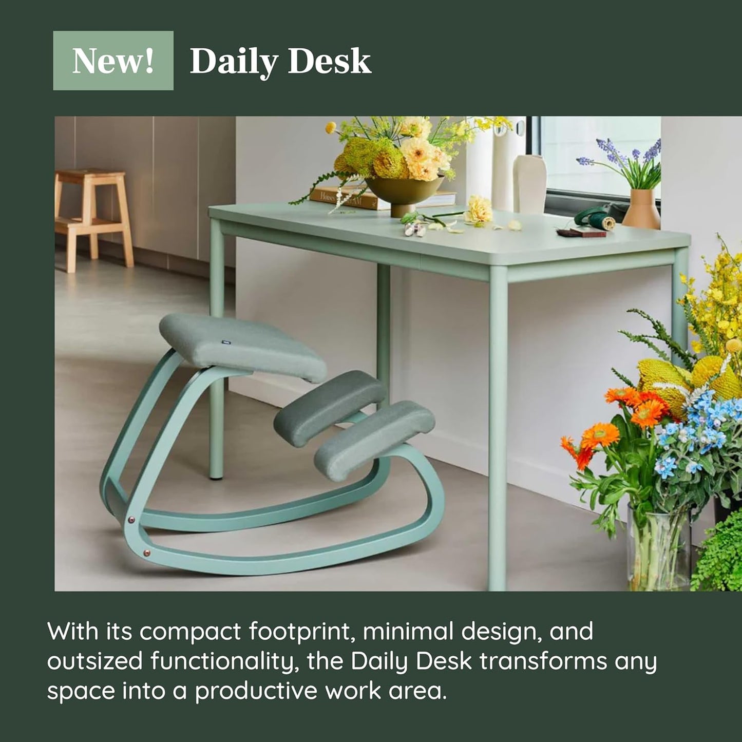 Branch Daily Desk - Functional at Home Office Desk with Effortless Assembly, Timeless Design, Rounded Corners, and Built-in Cable Notch - 48” W x 28.5” H x 24” D - Sage Work Table
