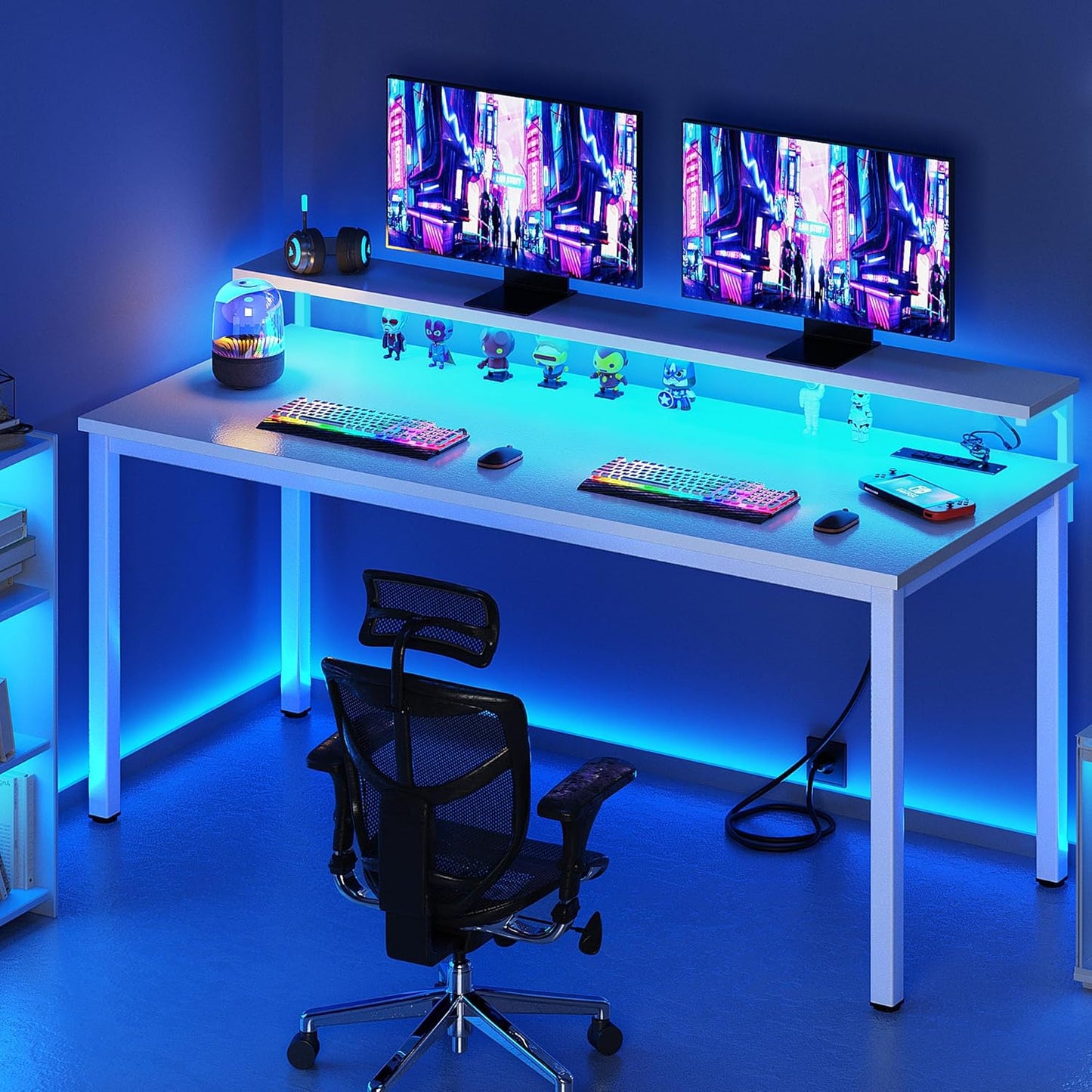 Need 60 inch Computer Desk with LED Lights & Power Outlets, Large Home Desk with Monitor Shelf, Writing Table Gaming Desk Home Office Desk, White