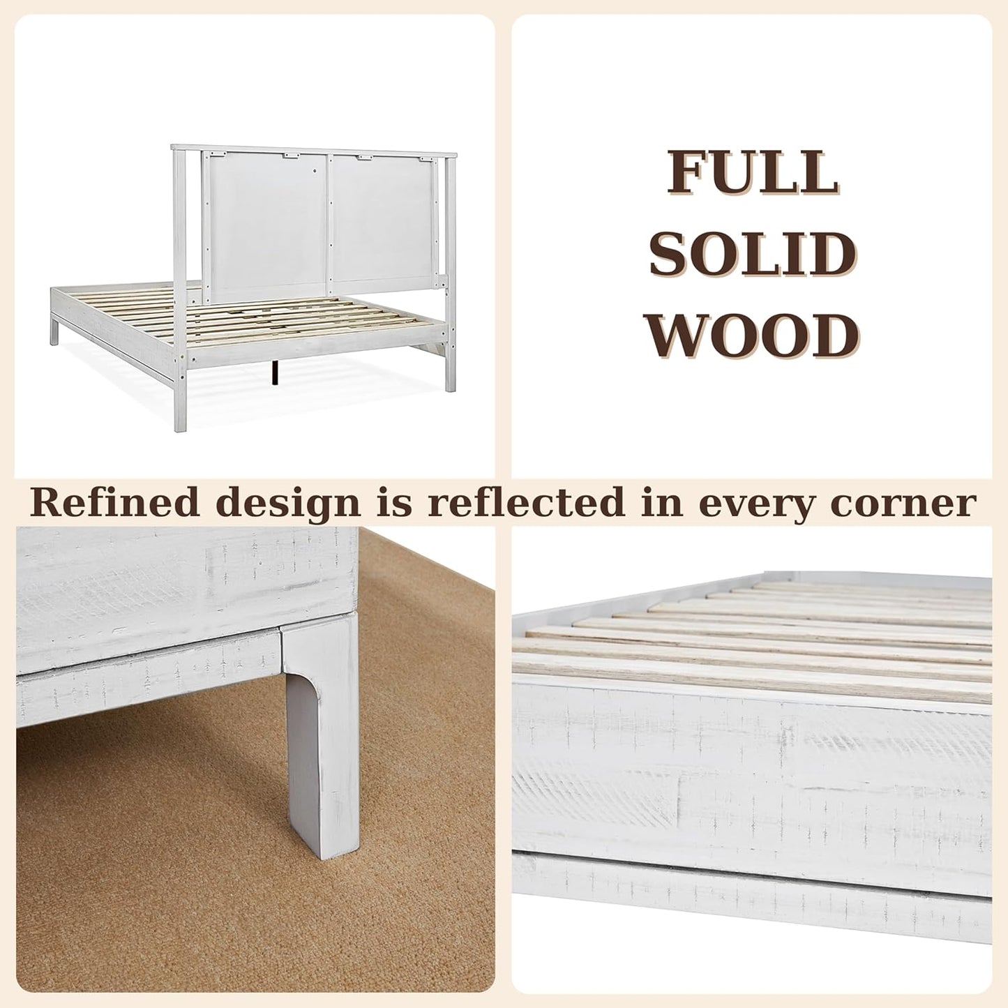 Bme Vivian 14 Inch Deluxe Bed Frame with Headboard, Rustic & Scandinavian Style with Solid Acacia Wood, No Box Spring Needed, 12 Strong Wood Slat Support, Easy Assembly, King, Rustic White