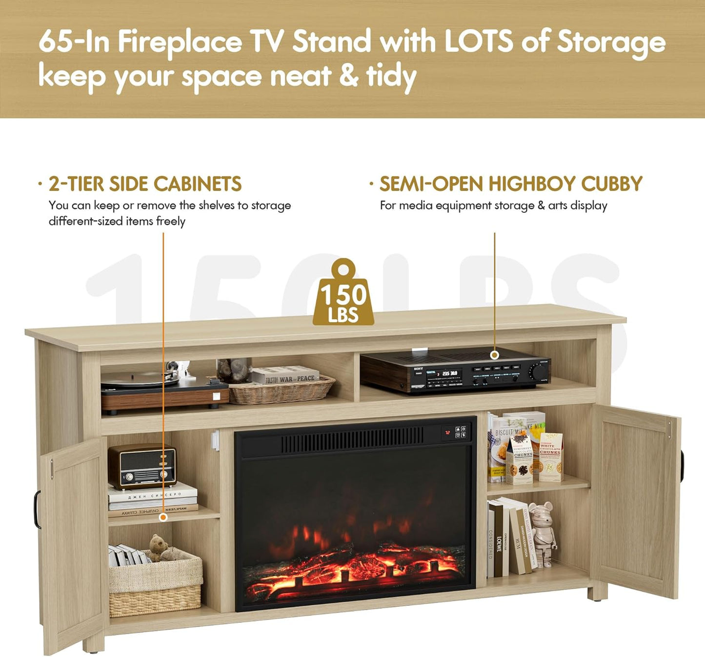 YESHOMY Fireplace TV Stand for Television up to 65+ Inch with Storage and Farmhouse Barn Doors, Entertainment Center with Cabinet and Shelves, Media Console for Living Room, Oak