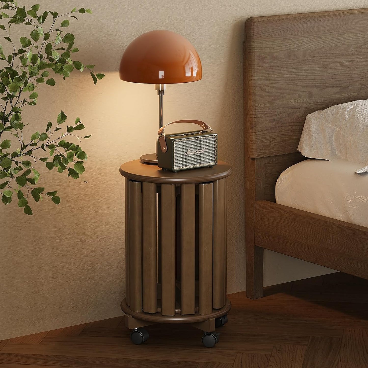 Stackable Stools Set of 4, 4‑in‑1 Bamboo Nesting Stools & End Tables with Wheels, 18″ Round Portable Barstools No‑Assembly Stool for Kitchen Living Room Bar Dorm, Walnut