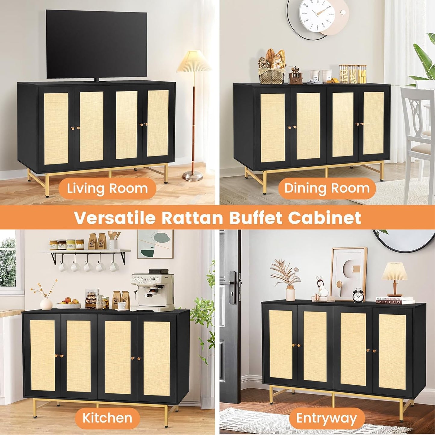 Sideboard Buffets Cabinet with 4 Rattan Doors, Large Storage Accent Cabinet Credenzas Modern Console Table for Living Room, Kitchen (Black)