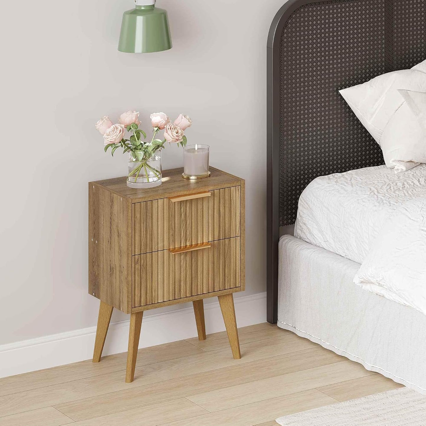 Fluted Nightstand with 2 Drawers,Modern Bedside Table with Metal Handles,White Side Table with Solid Wood Legs,Mid Century End Table for Living Room,Bedroom,Caramel Oak CTG55BR