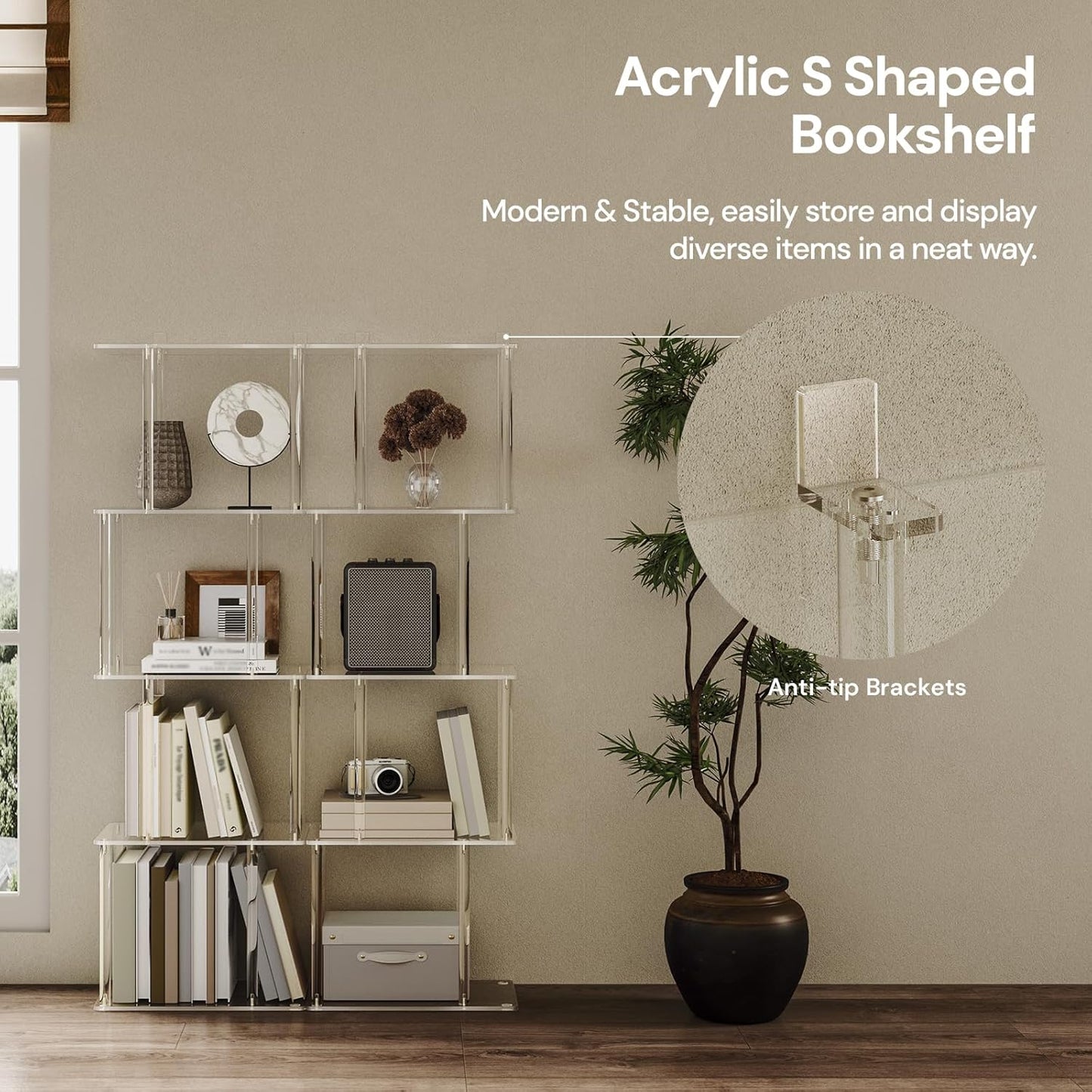 Acrylic Geometric Bookshelf for Small Spaces, 5-Tier Clear S Shaped Bookcase, Modern Open Book Shelf for Living Room, Bedroom, Office, 9.3" D x 15.6" W x 48.8" H, Easy Assembly