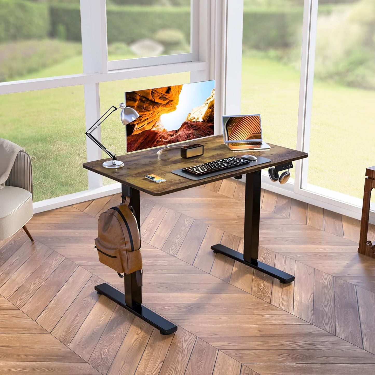 Kingant Standing Desk Height Adjustable Small Electric Stand Up Desks [35 x 20 Inch] - Ergonomic Sit Stand Desk Rising Desks for Home Office Computer Desk Stand Desk Workstation with Cable Management