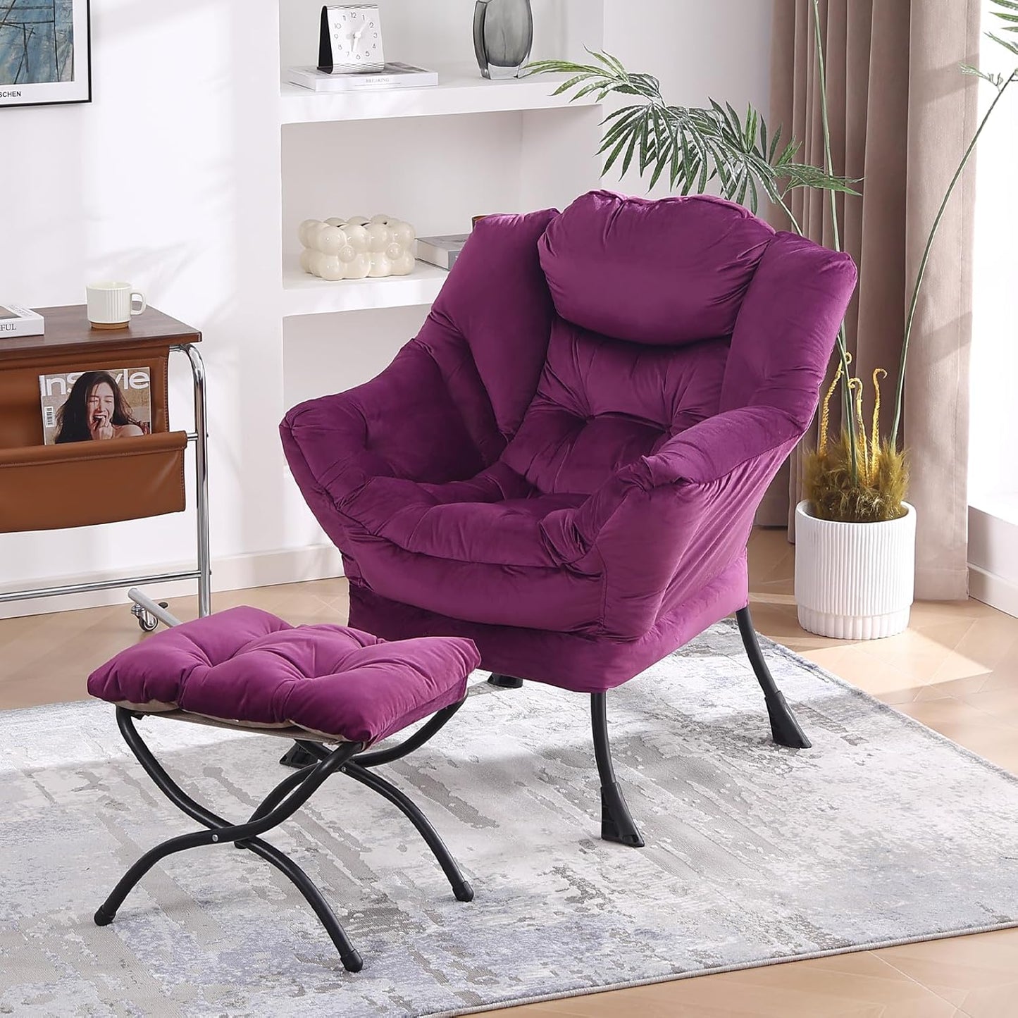 Lazy Chair with Folding Ottoman, Modern Accent Lounge Armchair with Armrests, a Side Pocket & Foldable Footstool, Leisure Reading Chair for Living Room, Bedroom, Dorm & Office, Velvet Purple