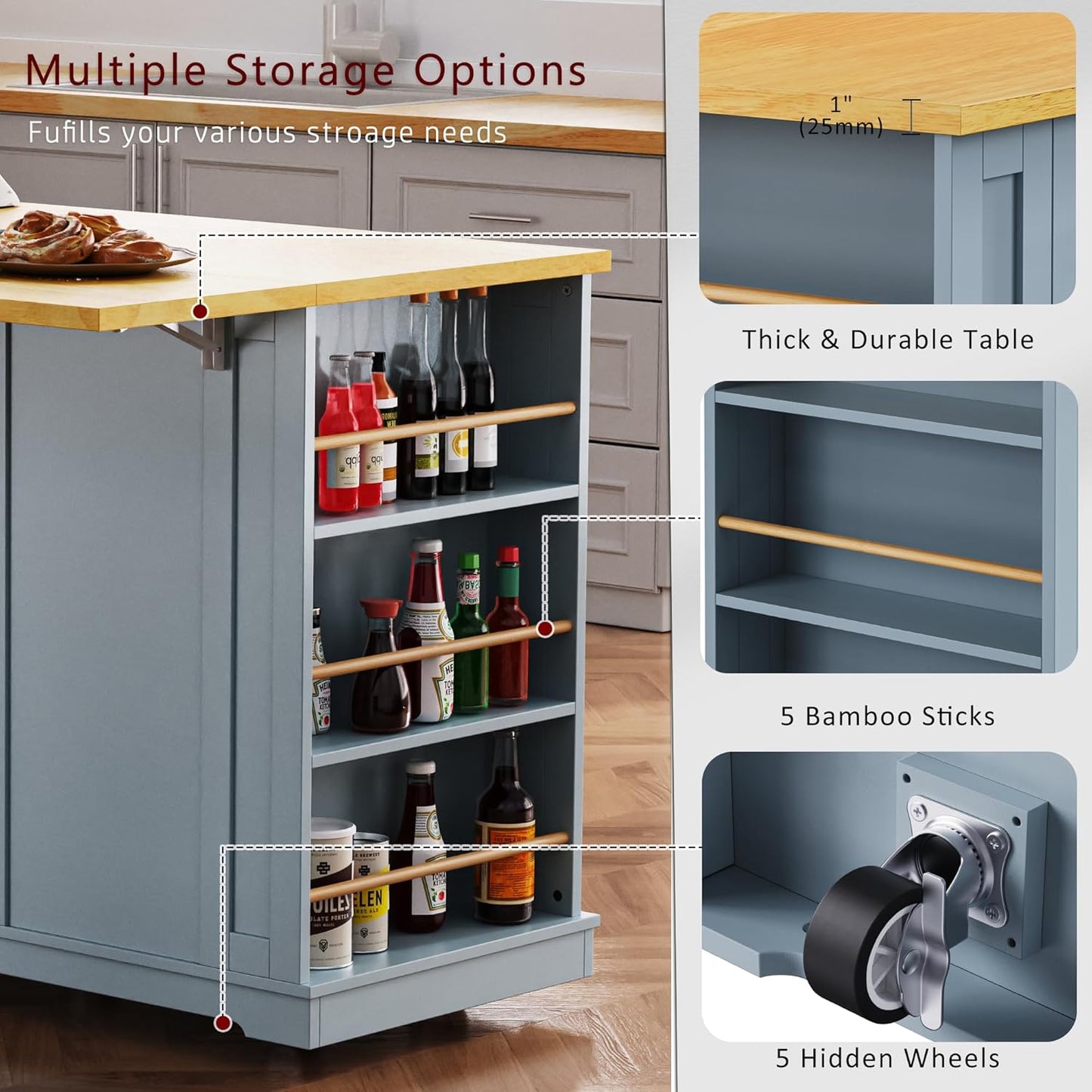 53" Large Kitchen Island Set with 2 Bar Stools, Power Outlet & Storage, Drop Leaf, 3 Drawers & 5 Open Racks, Grey Blue