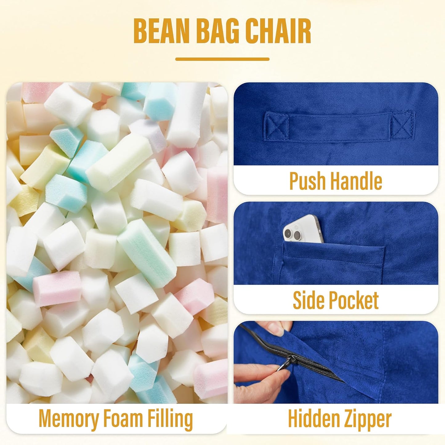 HABUTWAY Bean Bag Chair: Giant 6' Memory Foam Furniture Bean Bag Chair with Microfiber Cover - 6Ft,Blue