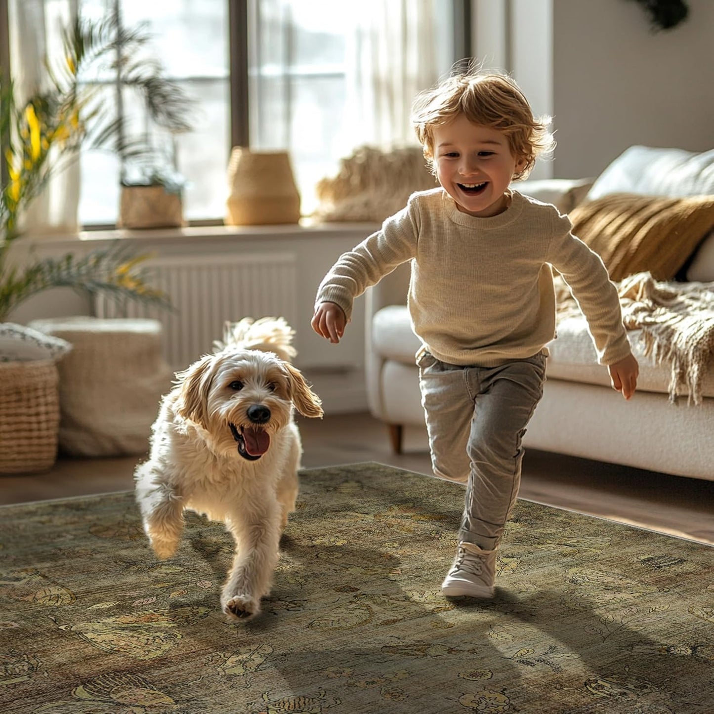 GENIMO 8x10 Area Rugs for Living Room, Machine Washable Non Slip Vintage Rugs, Low Pile Lightweight Chenille Print Rug for Bedroom, Dining Room, Home Office, Moss Taupe