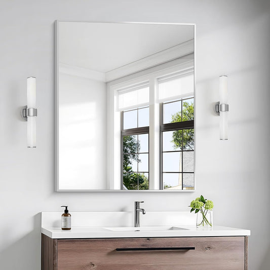 BONEWEI Silver Bathroom Mirror,30x36 inch Wall Mirror for Bathroom Wall Mounted,Rectangle Mirror for Bathroom Over Sink,Modern Metal Frame for Living Room,Bedroom Entryway,Horizontal/Vertical