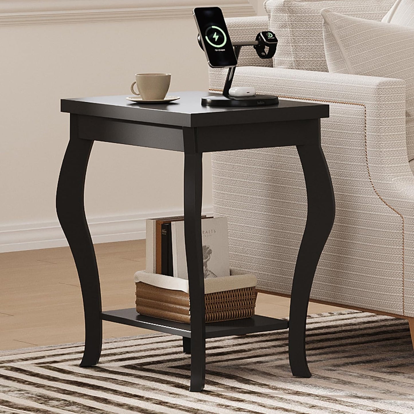 ChooChoo End Tables Living Room, Side Tables Living Room with Curved Legs and Storage Shelf, Small End Tables for Small Spaces, Black