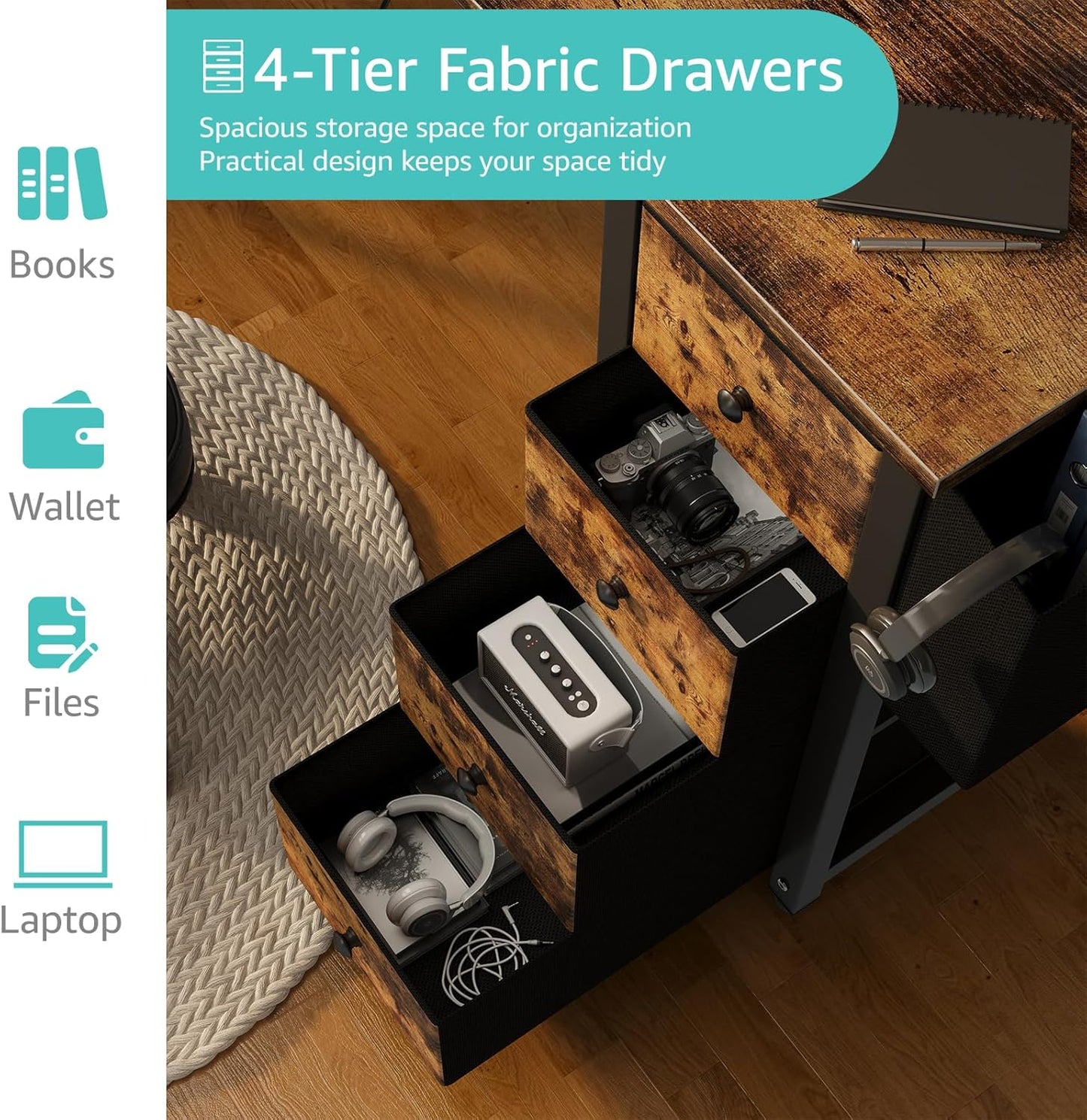 Lufeiya L Shaped Computer Desk with Drawers & Storage Shelves, 63 Inch Corner Desk with Power Outlet for Home Office Bedroom, L-Shaped Teen PC Gaming Desks with Fabric Drawer, Rustic Brown