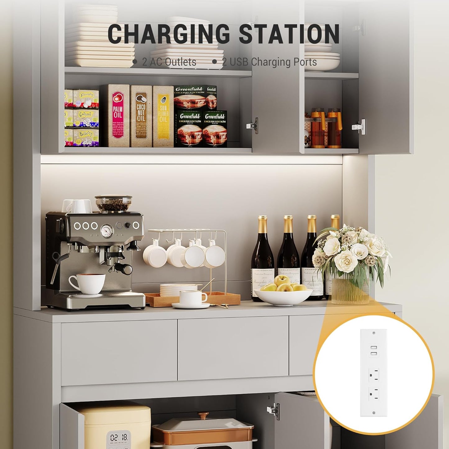 Garvee Kitchen Pantry Storage Cabinet, Tall Storage Cabinet with Doors and Shelves, Kitchen Storage Hutch with Microwave Stand, Led Lights and Charging Station,Corner Pantry Cabinet,Grey