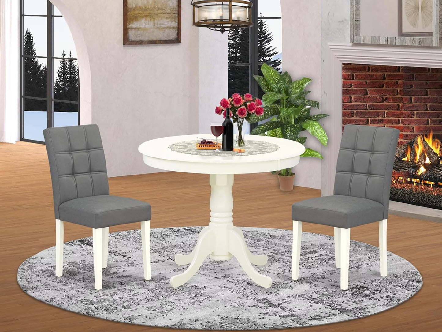 East West Furniture ANAS3-LWH-41 3 Piece Kitchen Table Set consists A Wooden Table and 2 Platinum Gray Polyester Fabric Person Chairs with Stylish Back- Linen White Finish