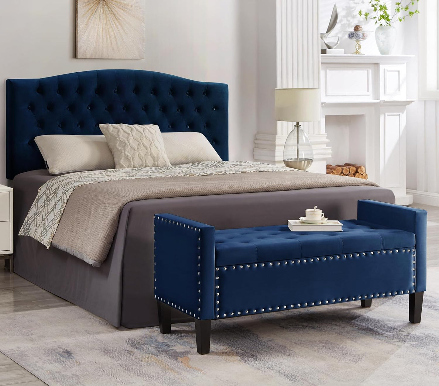 Velvet Storage Ottoman with Armrests and Nails Trim,Entryway Living Room Soft Padded Seat,Bed Bench Bedroom End of Bed,Navy (48”L X 18.5” W X 22” H)