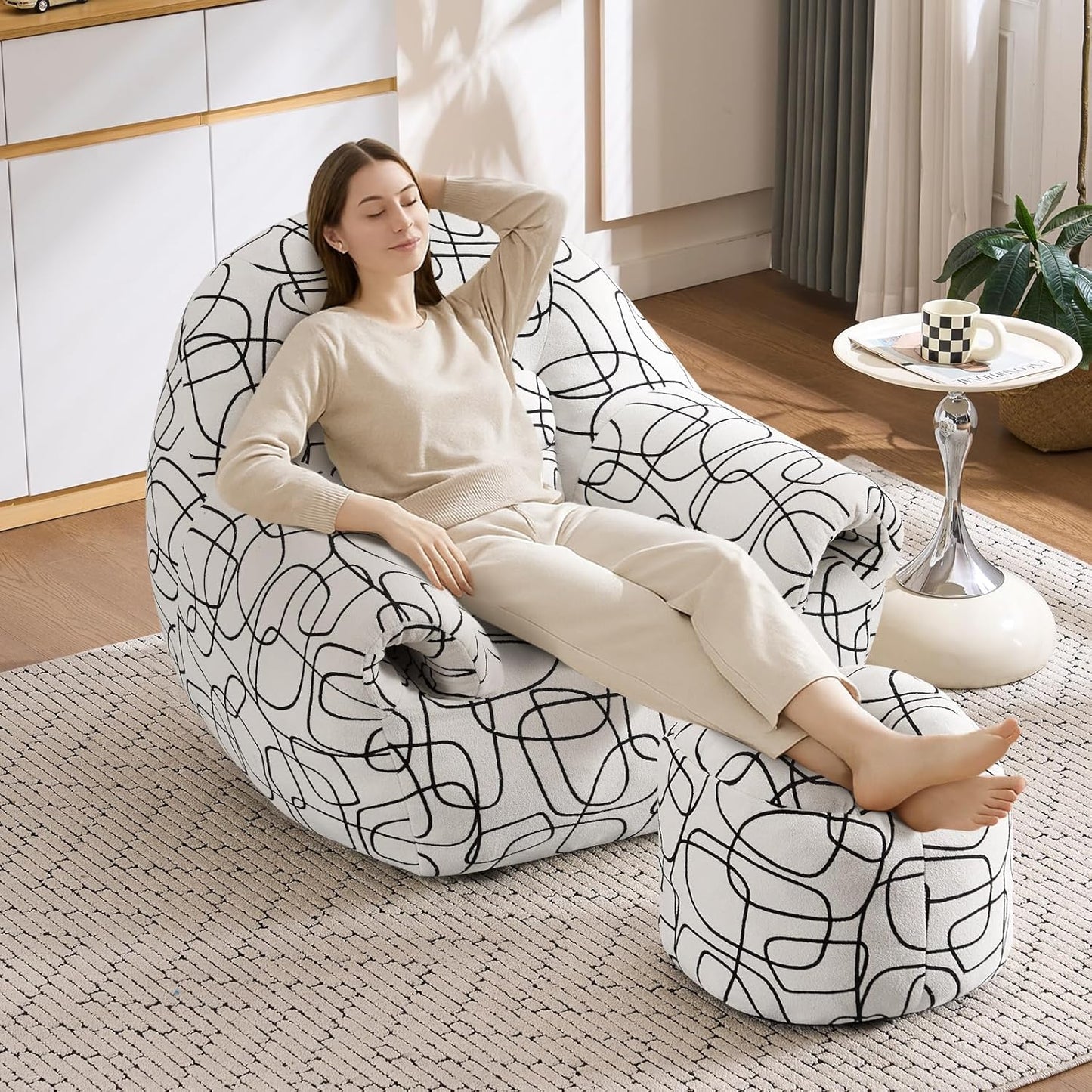 DAICO Bean Bag Chairs for Adults Comfy Accent Chair with Ottoman Floor Sofa Beanbag Couch with Armrests White Single Lazy Sofas with Foam for Living Room Reading Bedroom Gaming (Stripe Pattern)
