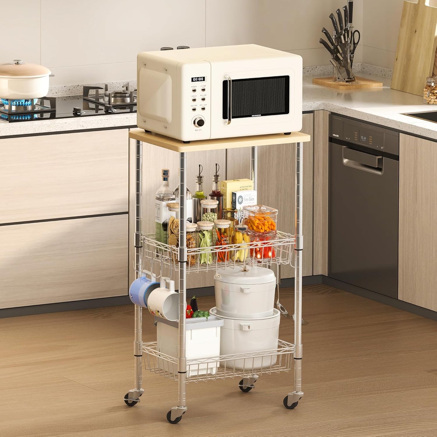 Rolling Kitchen Storage Cart, 3-Tier Storage Rack on Caster Wheels with Adjustable 2 Baskets, Coffee Station Cart Rack Shelf Organizer for Living Room Office, Balcony, Chrome/Silver