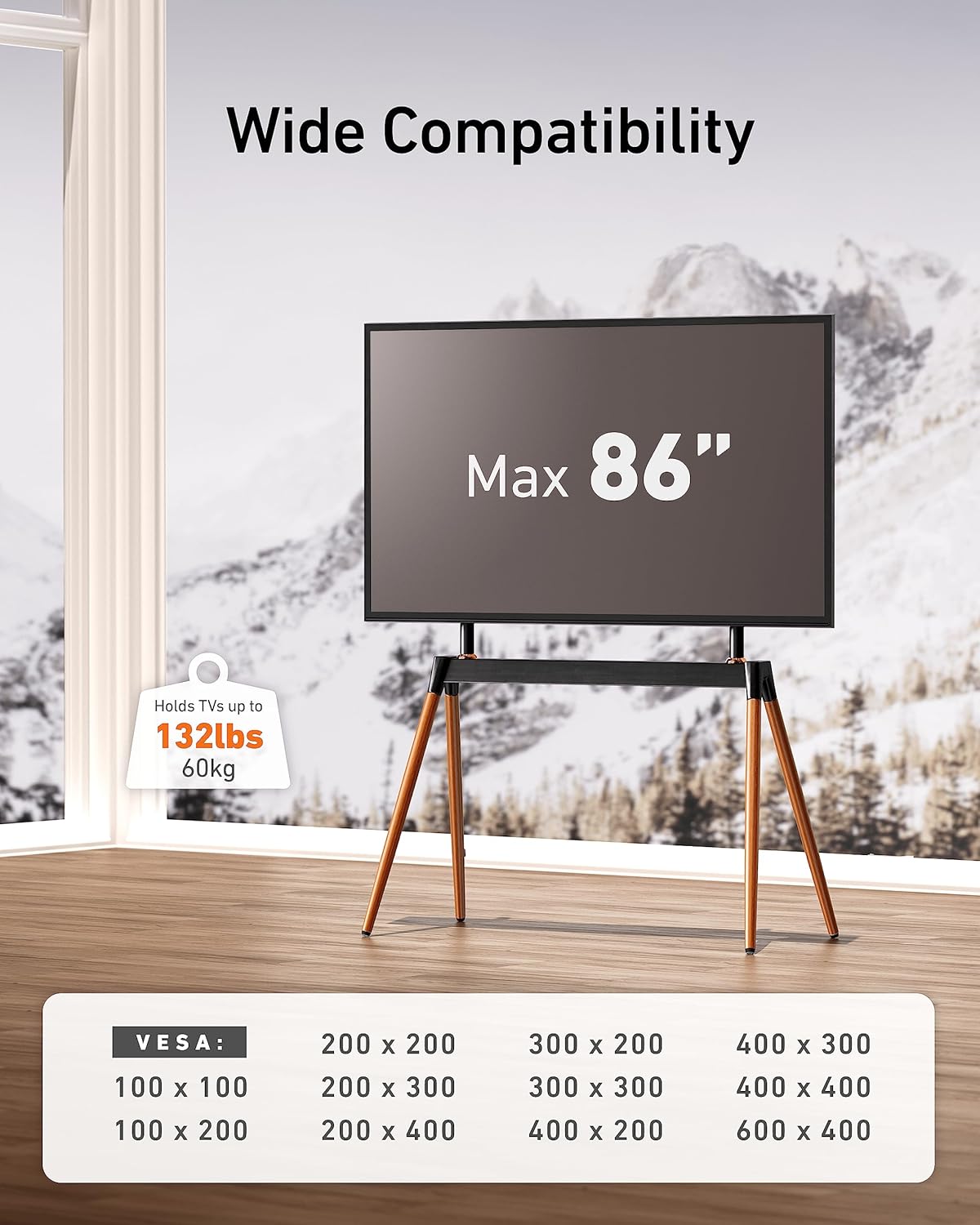 Easel TV Stand for 32-86 Inch LCD LED Flat or Curved Screen up to 132 lbs, Height Adjustable Tripod TV Floor Stand with Wood Legs and Cable Ties