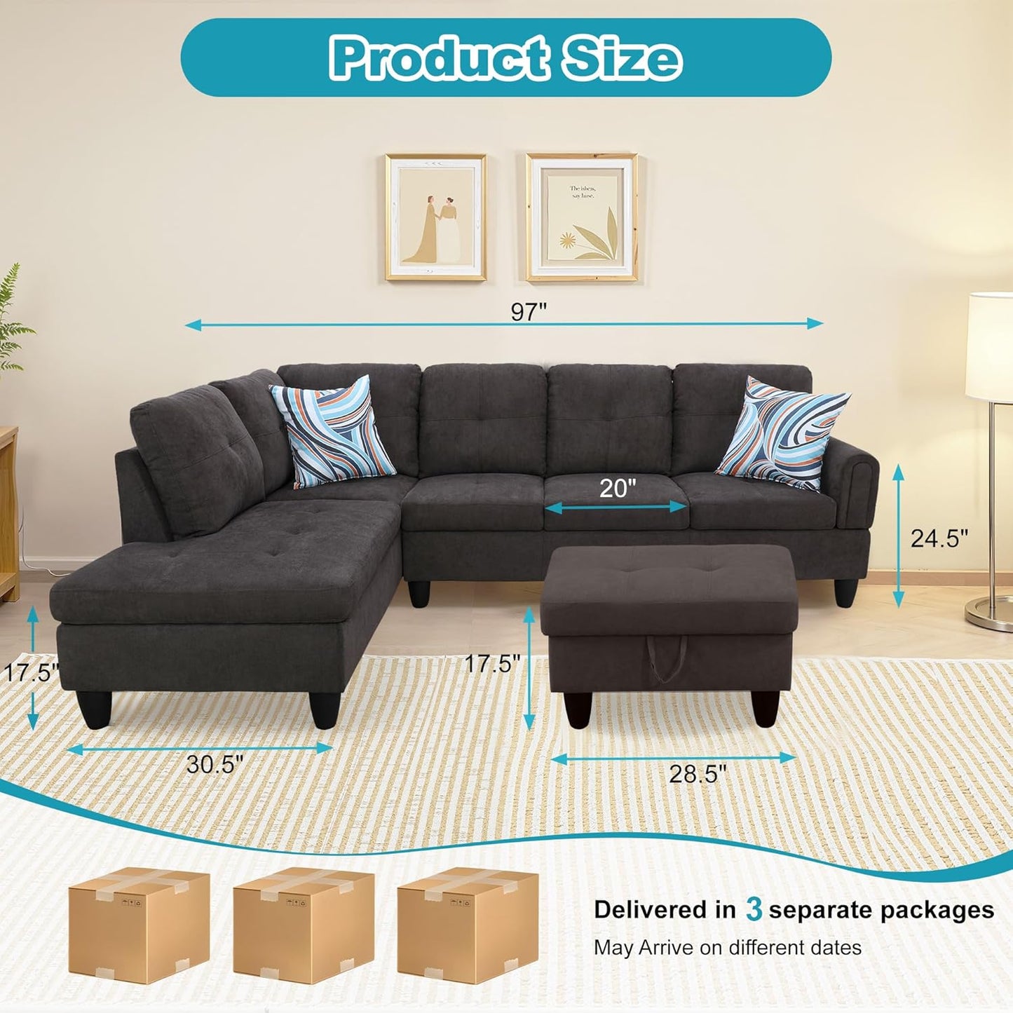 L Shaped Couch Modern Sectional Couch Upholstered Fluffy Fabric 3 Pieces Sofas for Living Room with Chaise, Storage Ottoman for Office and Small Apartment, Dark Brown