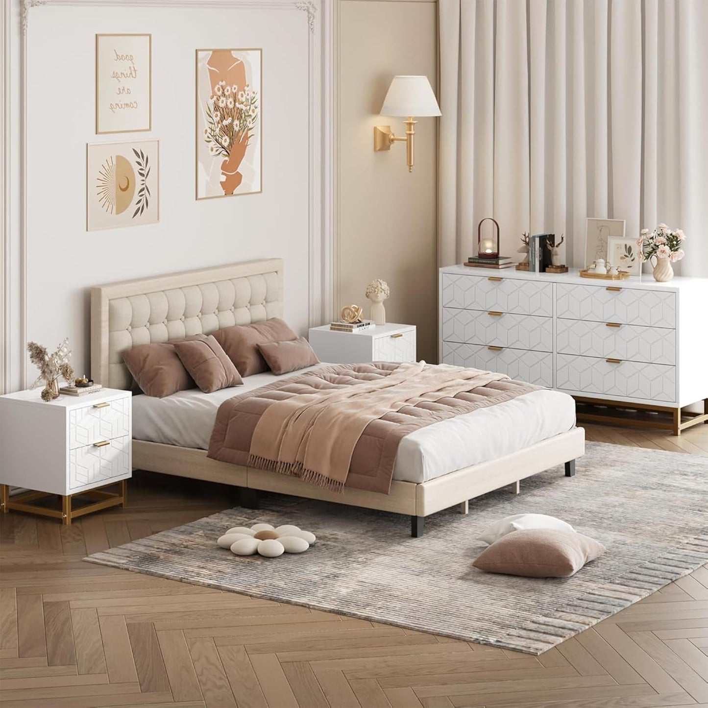 Dresser for Bedroom, 53.5" Large Dresser Organizer, 6 Drawer with Golden Metal Handle and Legs, Modern Chest of Drawers, White Dressers with Drawers for Closet, Hallway, Living Room, Entryway