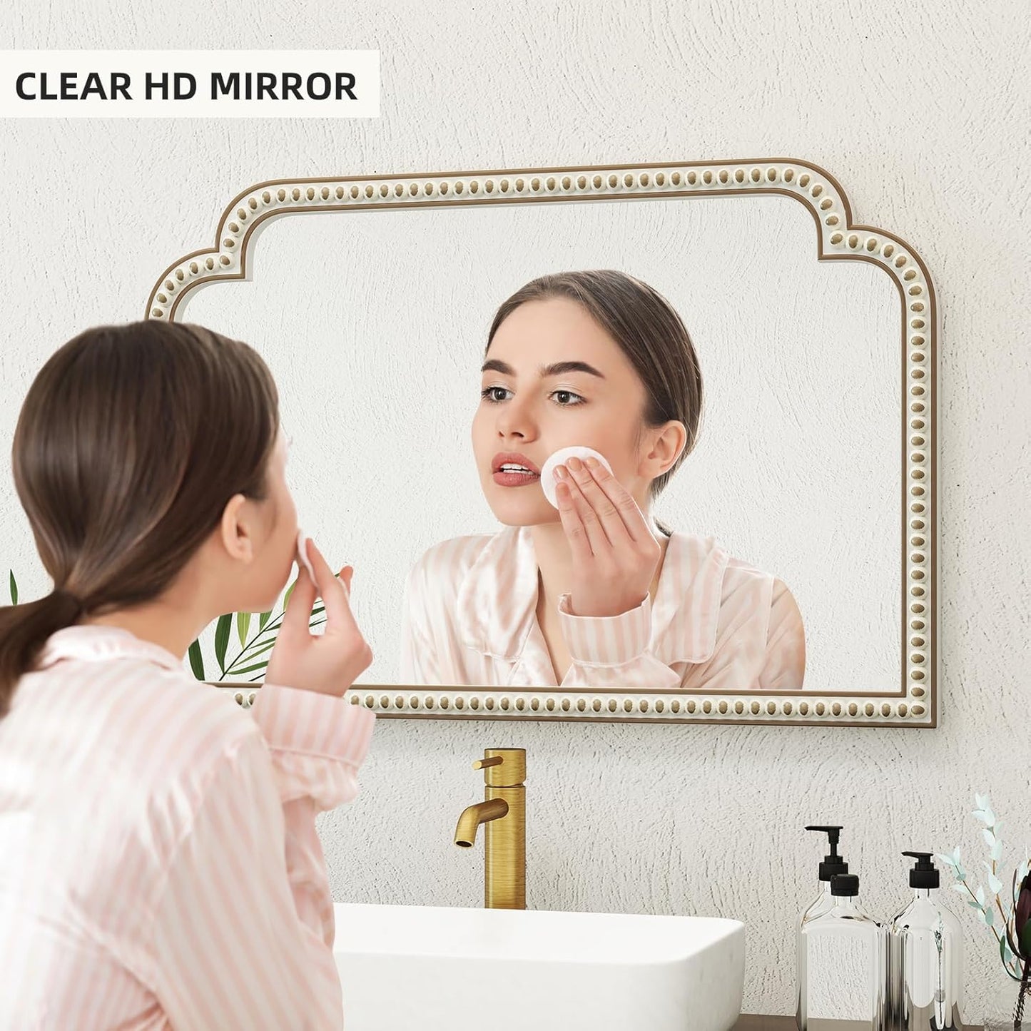 36''x24'' Farmhouse Wood Decorative Wall Mirrors with Beads, Boho Large Wide Arch Mirror for Living Room, Bedroom, Entryway, Fireplace