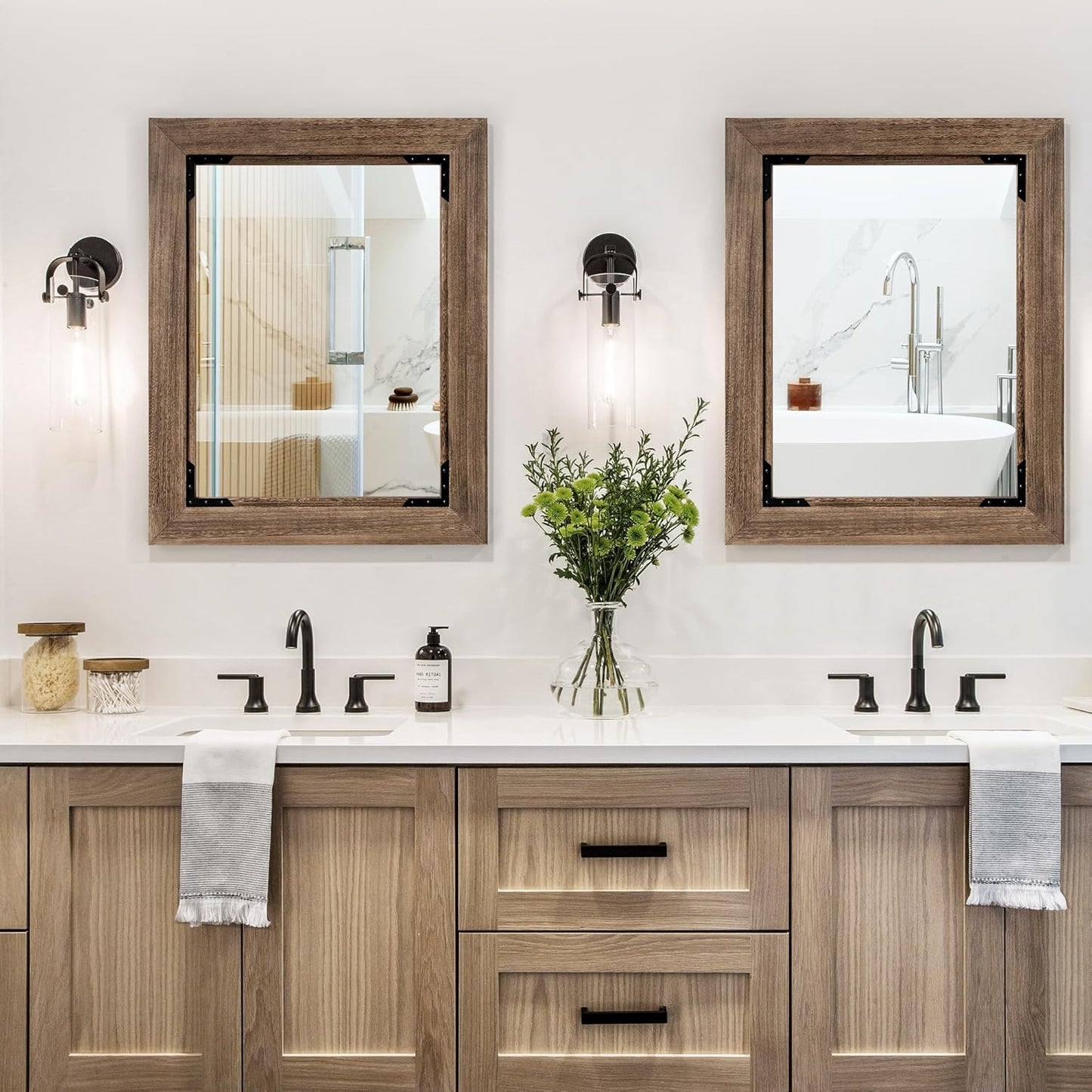 28"x36" Solid Wood Bathroom Mirror Tempered Glass for Wall Mounted, Rustic Wood Frame Wall Mirror Decorative for Living Room Bedroom Vanity Mirror, Rustic Brown