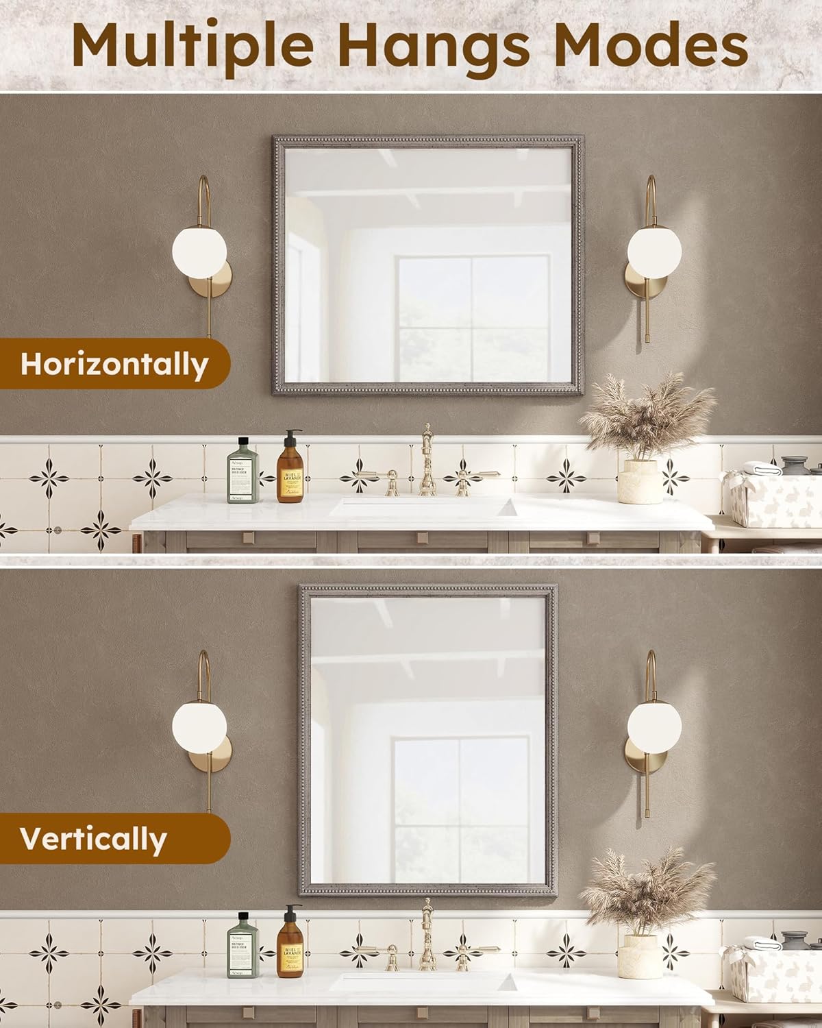 Axeman 30x36 Wood Wall Mirror, Rustic Bathroom Mirror, Vintage Wall Mounted Mirror Tempered Glass with Beaded Wooden Frame for Farmhouse Living Room Vanity Bedroom Entryway, Grey