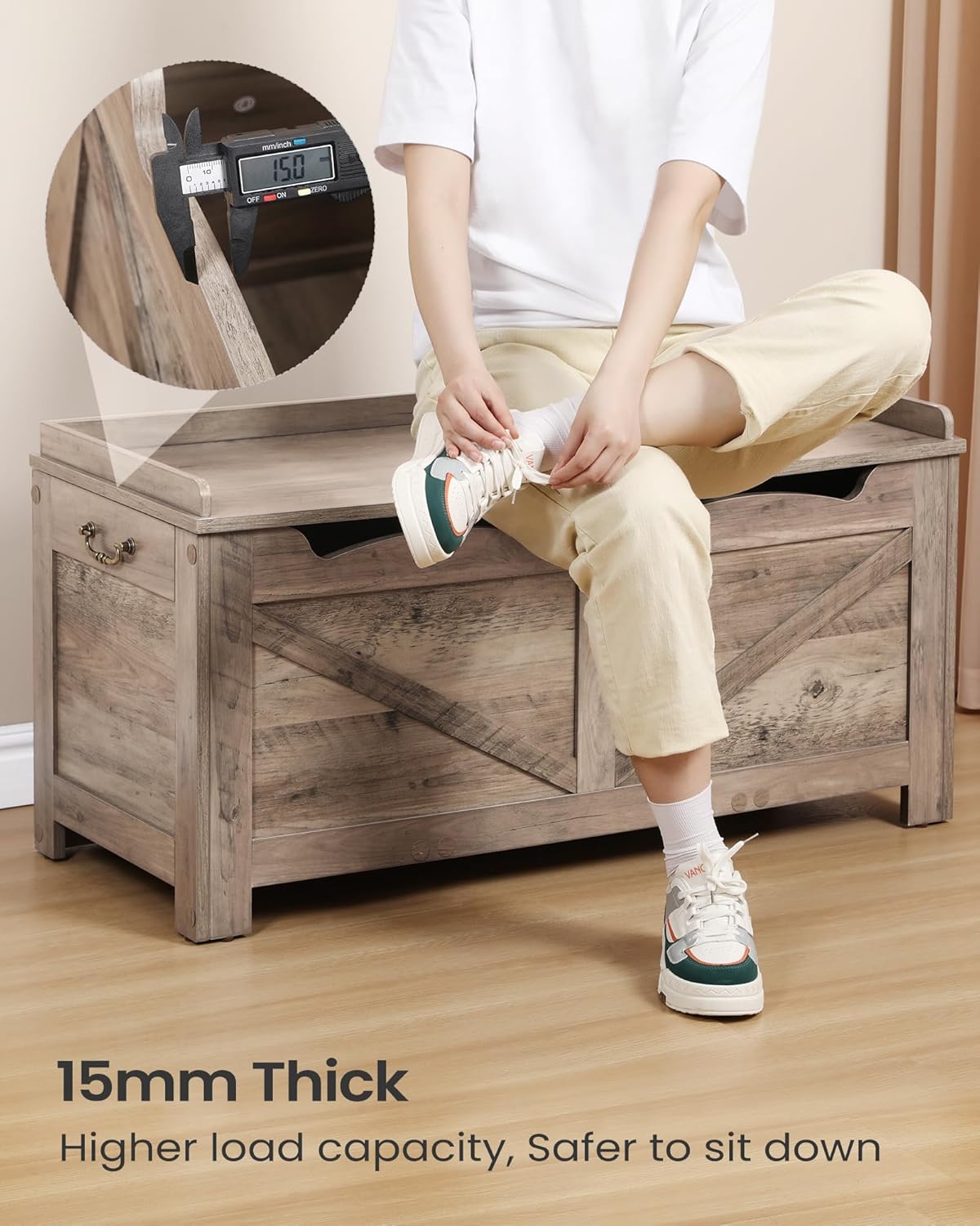 39.4" Storage Chest, Lift-Top Storage Trunk with 2 Safety Hinges, Wooden Bench Box Chest Organizer for Bedroom, Entryway, Living Room, Greige SB04505X