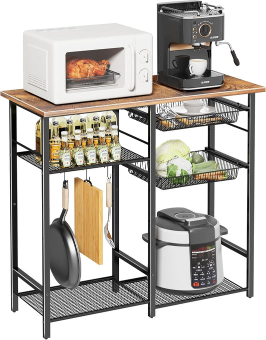 Kitchen Baker’s Rack, Microwave Stand with 2 Mesh Basket, Coffee Bar, 6 S-Shaped Hook, for Kitchen Storage Shelf, Living Room, Rustic Brown and Black