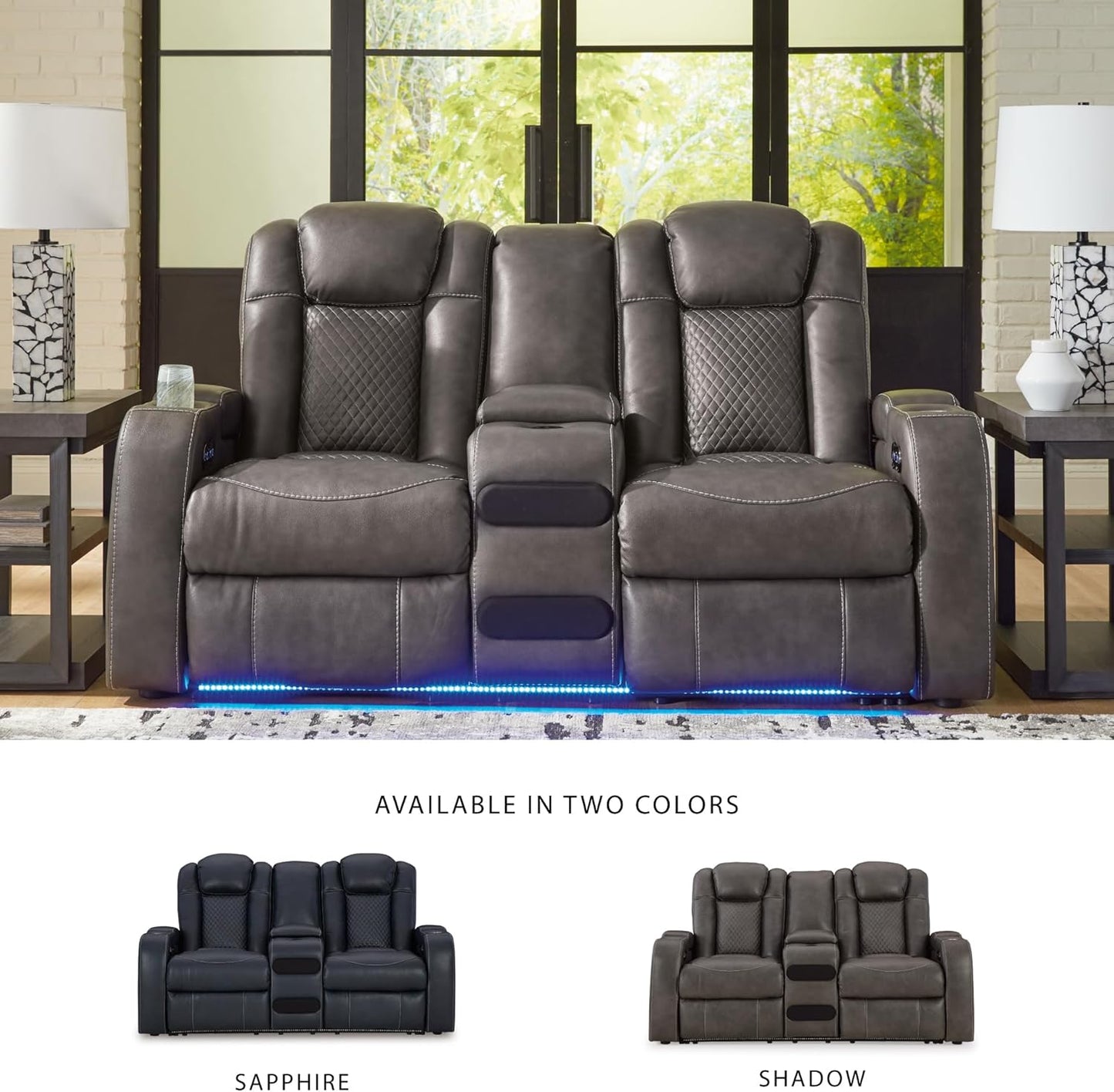 Signature Design by Ashley Fyne-Dyme Contemporary Power Reclining Loveseat with Console, USB Charging Ports and Adjustable Headrest, Gray