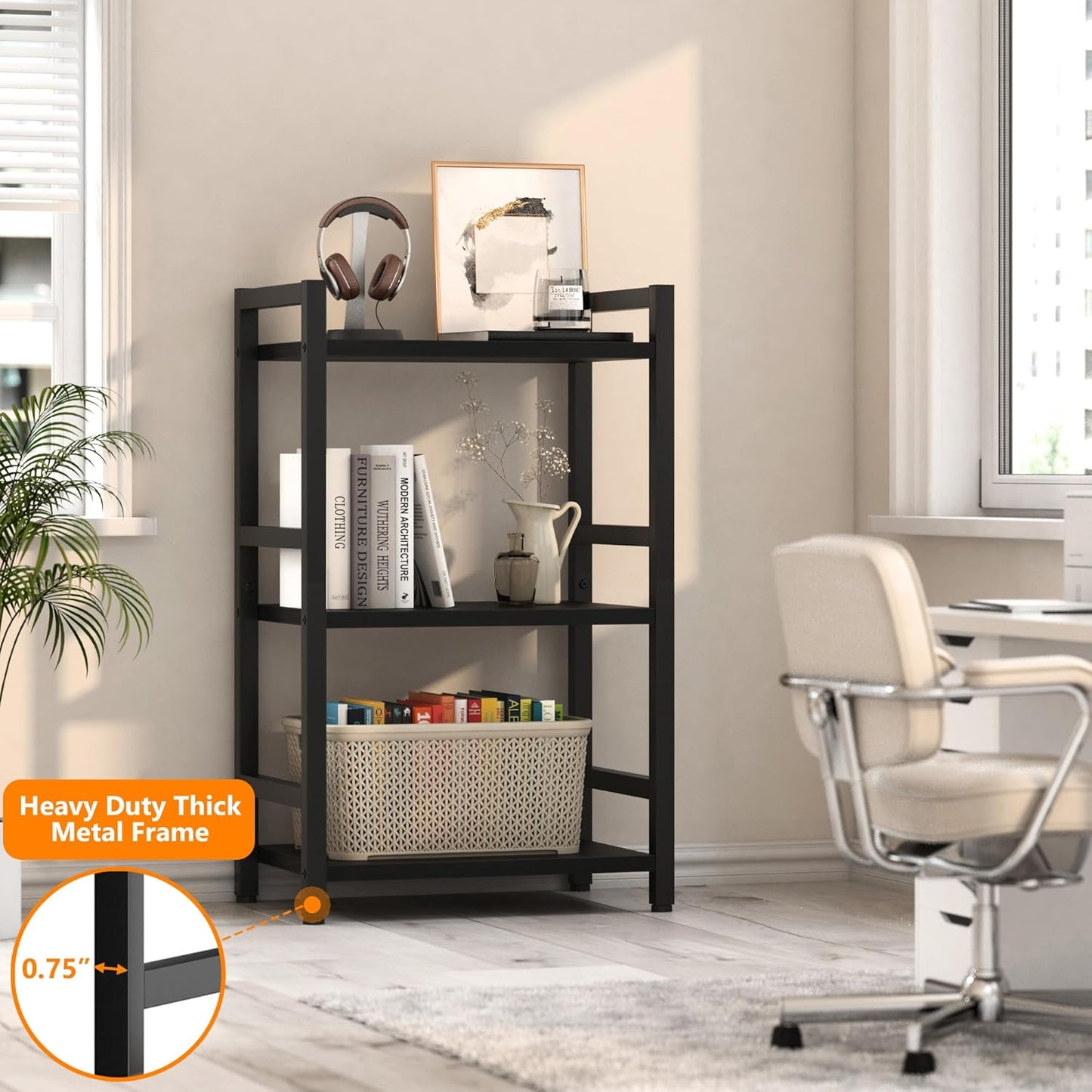 Book Shelf, 3 Tier Bookcase with Steel Frame, Stable Bookshelf Narrow Book Shelves Storage Organizer for Book CD Movie, Open Book Shelves for Living Room, Home Office, Study, Black