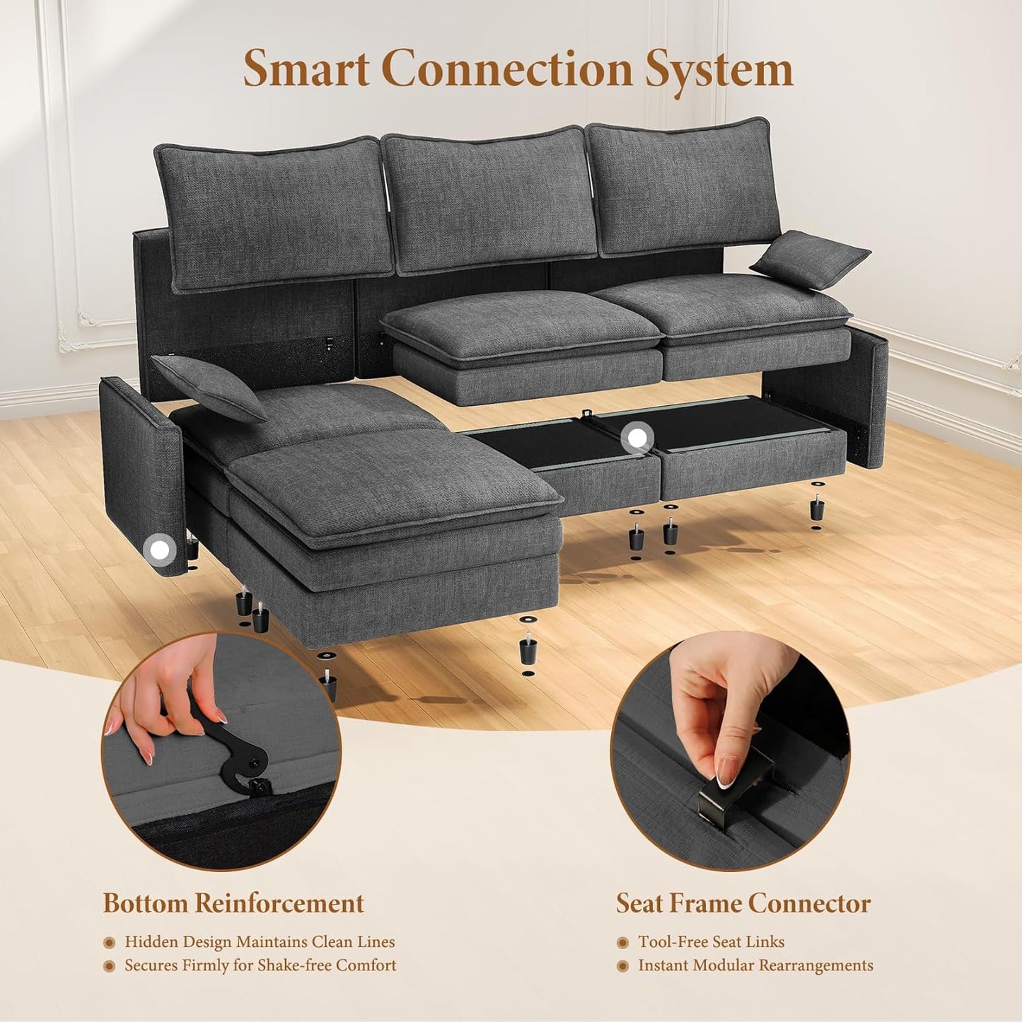 Vesgantti 108" U Shaped Sectional Couch, Comfy Cloud Modular Sectional Sofa with 2 Ottoman Deep Seat Chenille Modern Cloud Sofa, Modular Sofas for Living Room, Bedroom and Apartment, Gray