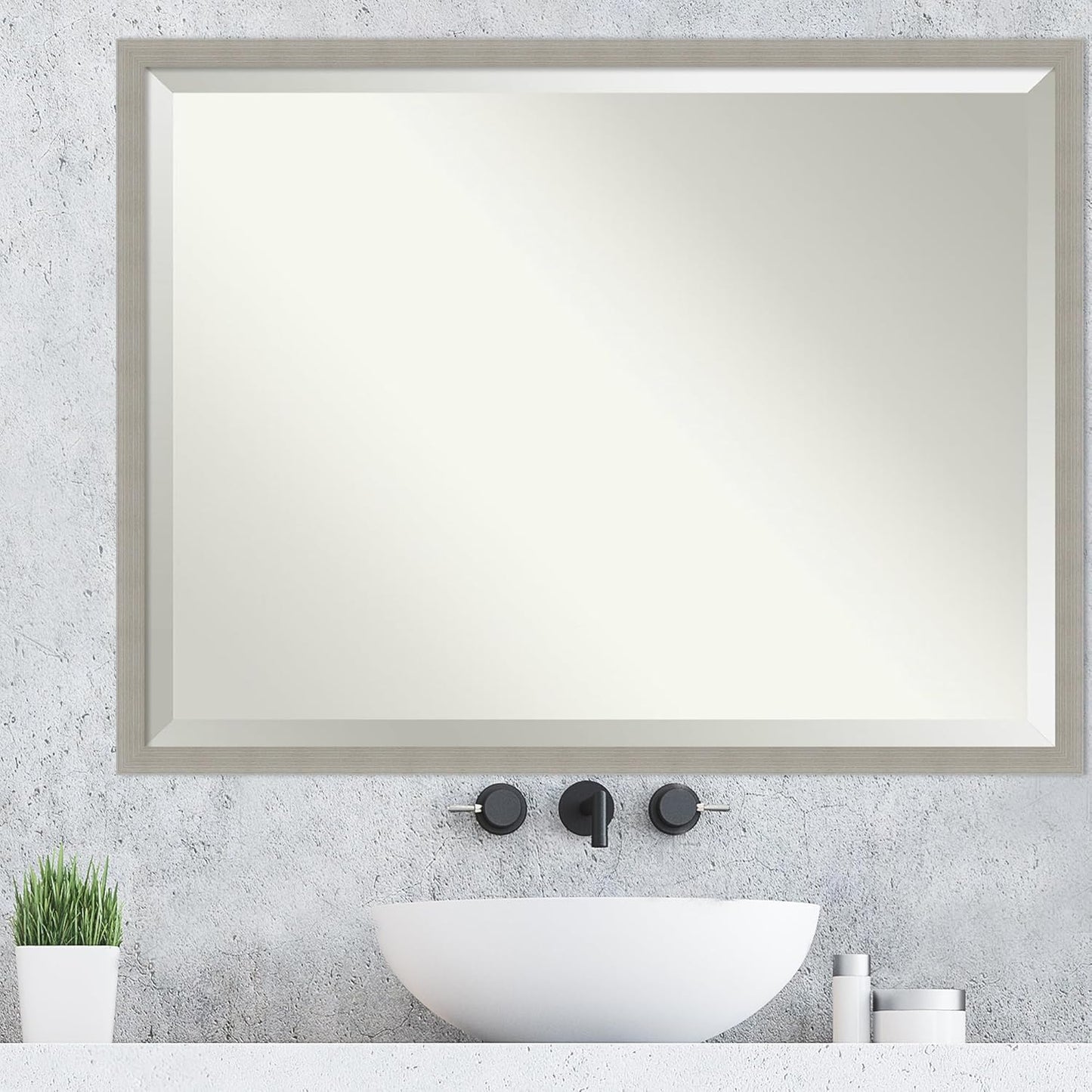 Amanti Art Grey Wall Mirror 32x42 Woodgrain Stripe Grey Rectangle Bathroom Mirror for Wall Decor Living Room, X-Large Casual Wood Frame, Hangs Horizonally and Vertically, Bathroom Decor, Beveled Edge