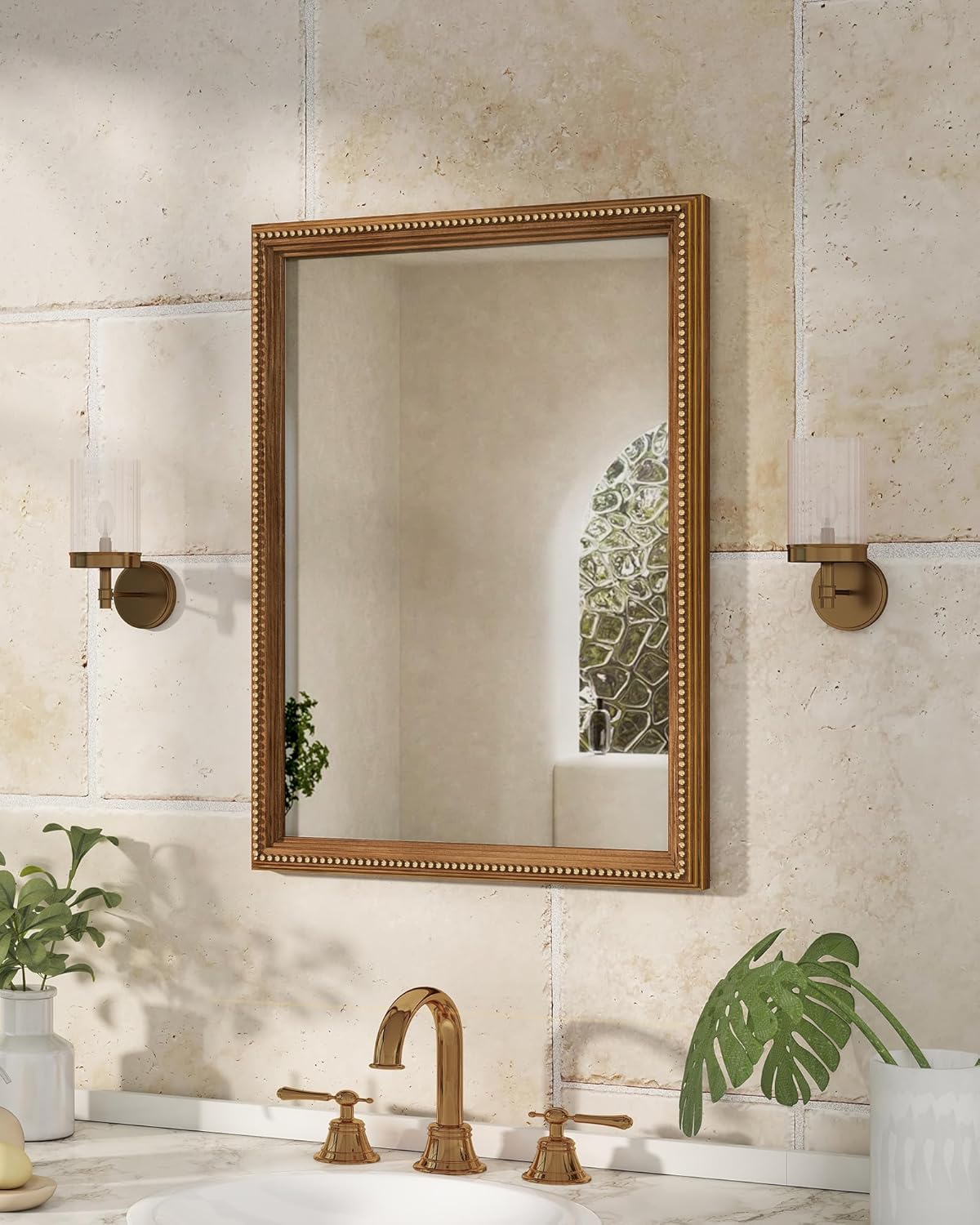 Axeman 22x30 Wood Wall Mirror, Rustic Bathroom Mirror, Vintage Wall Mounted Mirror Tempered Glass with Beaded Wooden Frame for Farmhouse Living Room Vanity Bedroom Entryway, Bronze