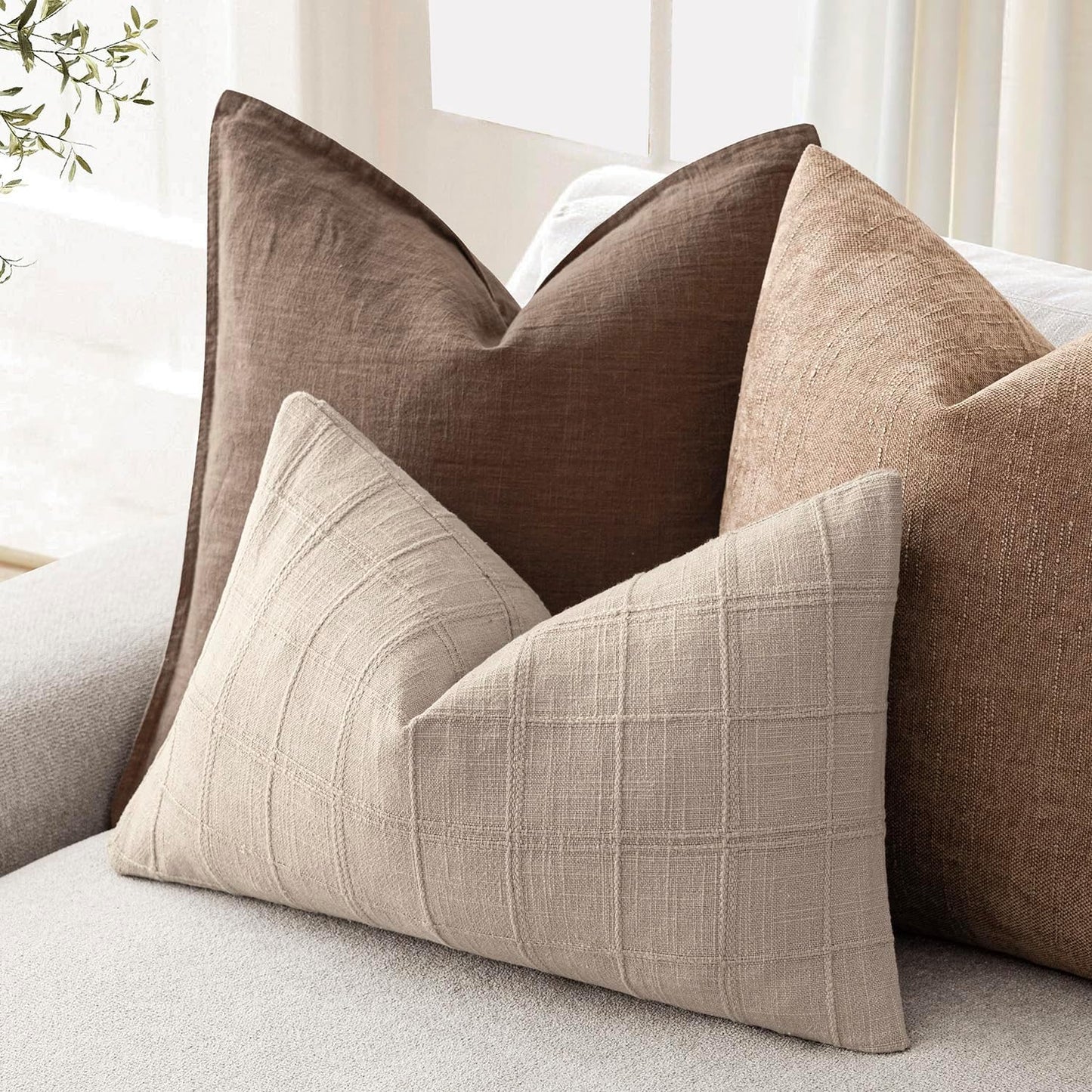 Foindtower Set of 2 Decorative Linen Check Throw Pillow Covers Neutral Farmhouse Lumbar Cushion Covers Modern Boho Home Decor for Sofa Chair Couch Bedroom Living Room Outdoor,12×20 Inch,Natural Linen