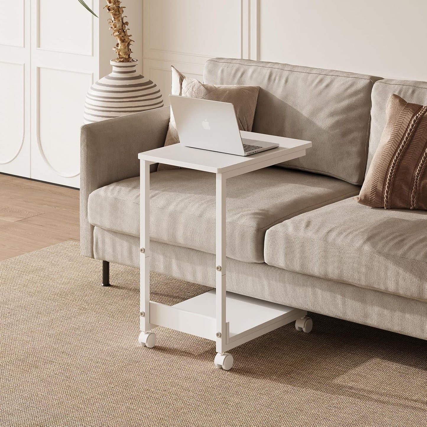 Side Table,C Table with 2-Tier Storage Shelf, End Table TV Tray with Metal Frame, Sofa Table with Wheels for Living Room, Bedroom, Office, Bathroom, Easy Assembly, White