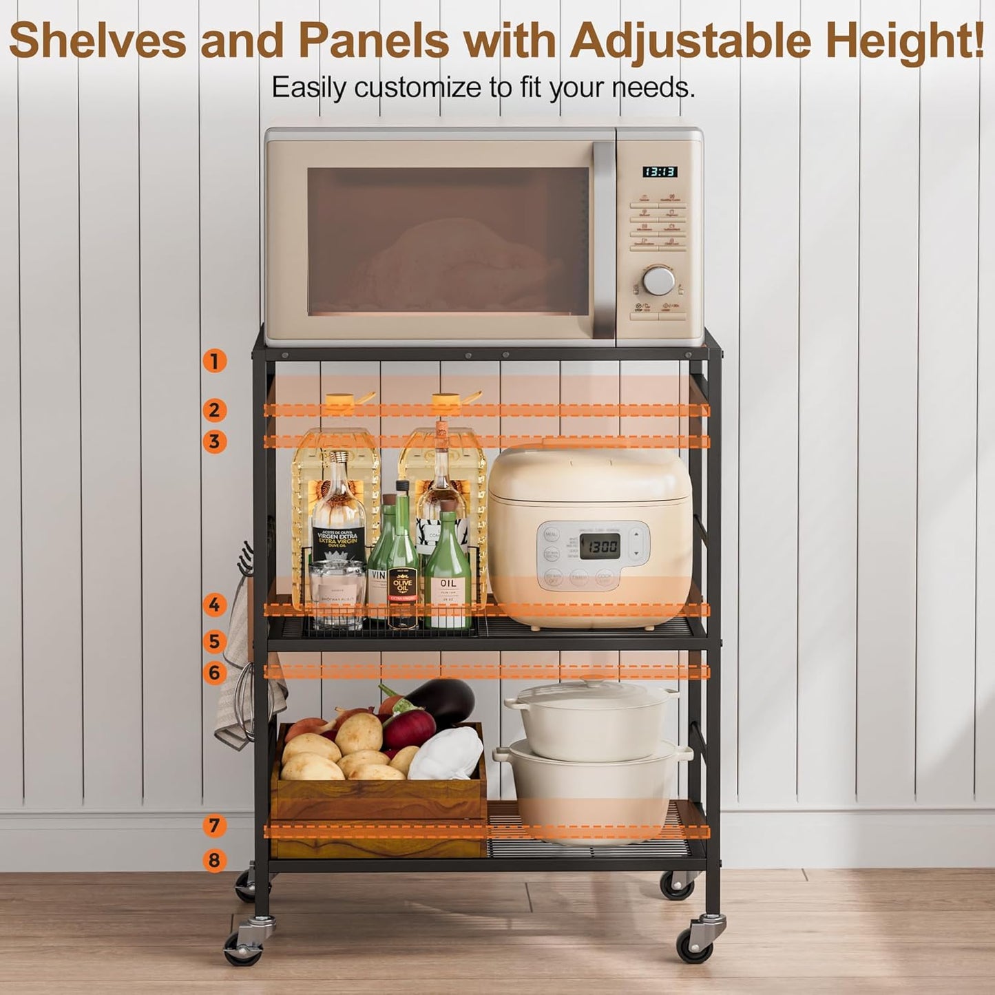3-Tier Kitchen Cart with Adjustable Shelves - Microwave Storage Cart & Utility Rolling Organizer, Industrial Wheels for Small Spaces, 15.7"x23.6"x33.7" Kitchen Office Living Room Metal Rack