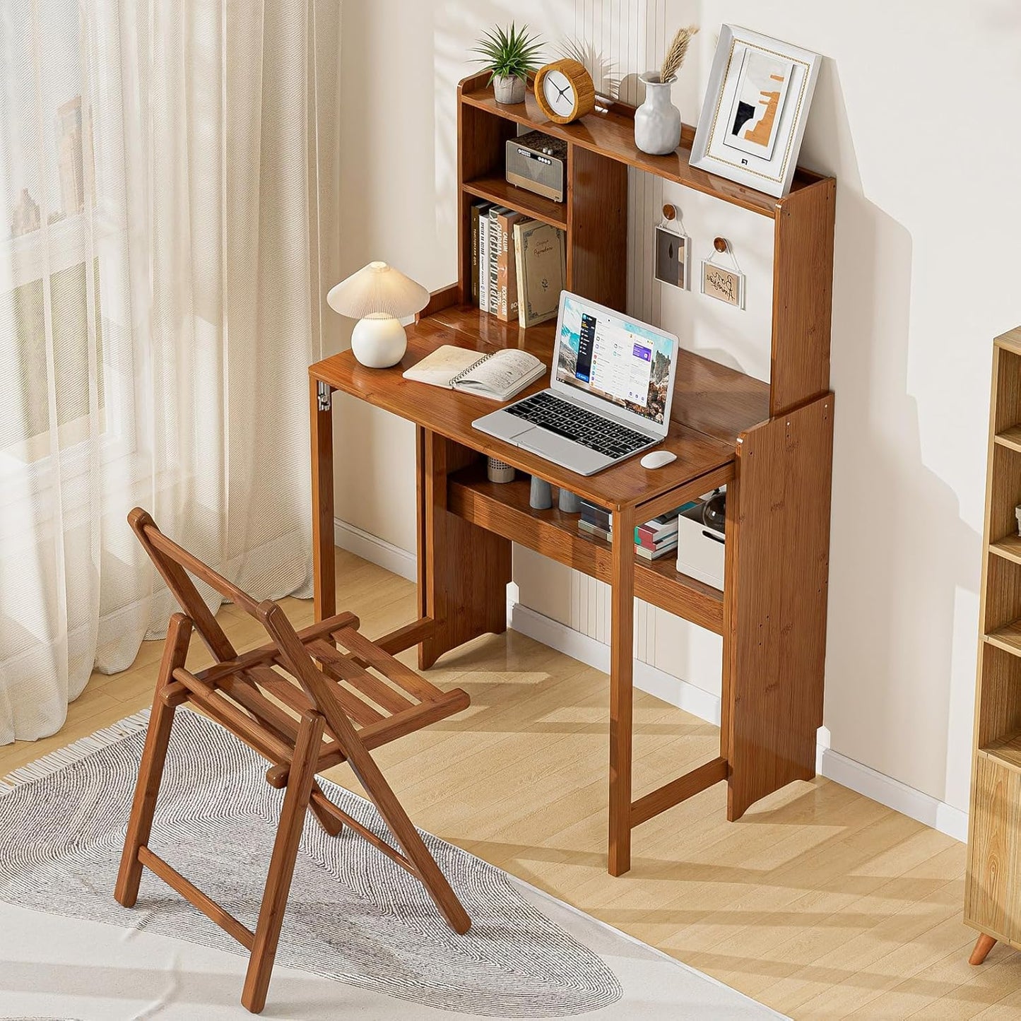 31.1" Bamboo Folding Desk with Bookshelf, Compact Computer Desk for Small Spaces, Foldable Study Table with Storage Shelf, Space-Saving Home Office Table for Bedroom, Dorm, Apartment,Brown