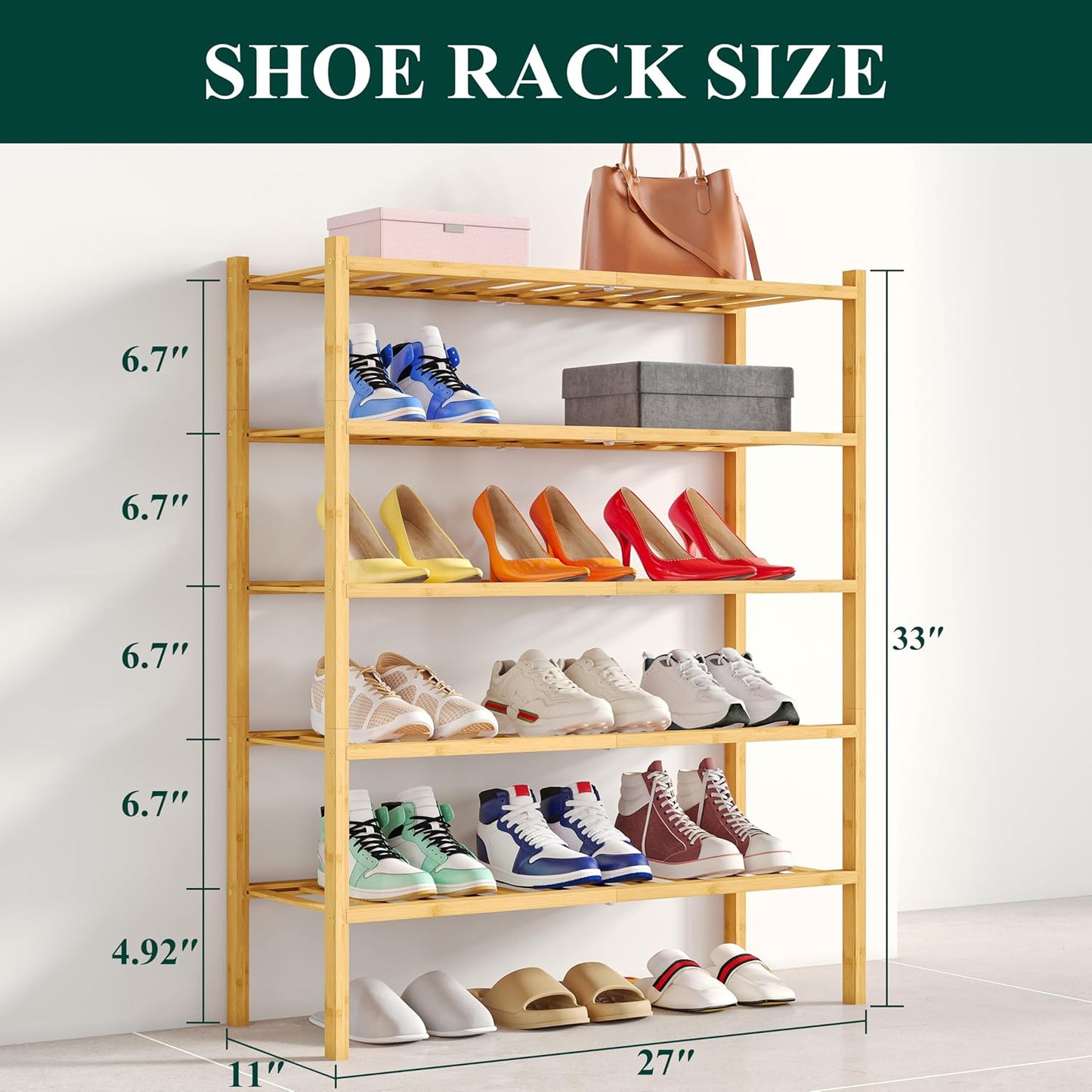 Smiry Shoe Rack, 5 Tier Bamboo Shoe Organizer, Stackable Free Standing Wooden Shoe Storage Shelf for Closet, Entryway, Front Door Entrance, Natural