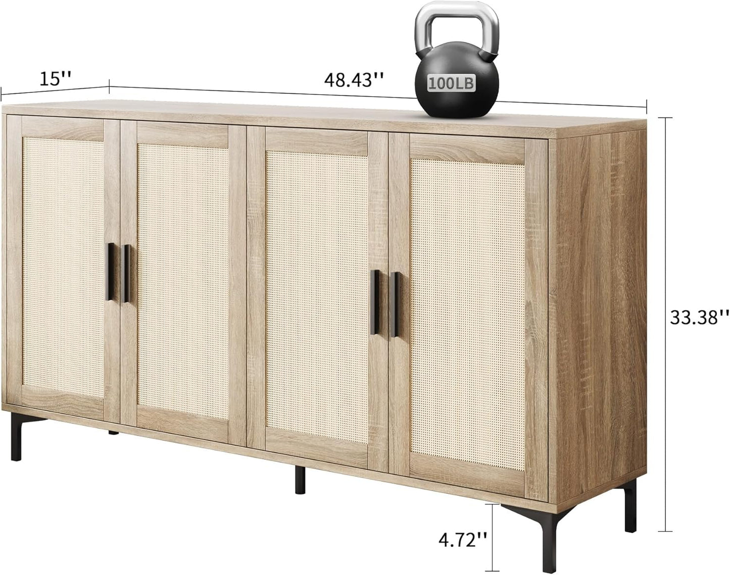 Sideboard - Kitchen Buffet Cabinet with Rattan Decorated Doors, Accent Cabinets with Doors, Coffee Bar Cabinets Rattan Sideboard Buffet Cabinet with Storage (Natural with 4 Doors)