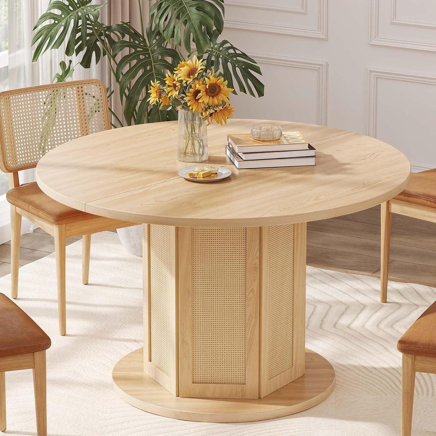 DWVO Round Dining Table for 4-6 People 47 Inch Farmhouse Kitchen Table with Rattan Circular Base Wooden Dinner Table for Dining Room Family Gathering, Natural Oak