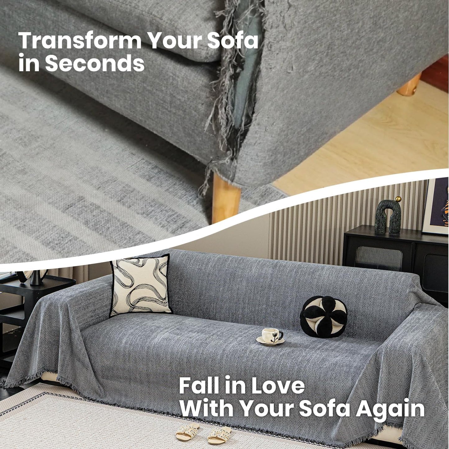 Nobildonna Sofa Cover Washable Soft Thicken Chenille Couch Cover with Tassel,Waterproof Sofa Slipcover for 3-4 Cushion Couch,Sectional Sofa,L-Shaped Furniture Protector Pet-Friendly,Dark Gray 71x150