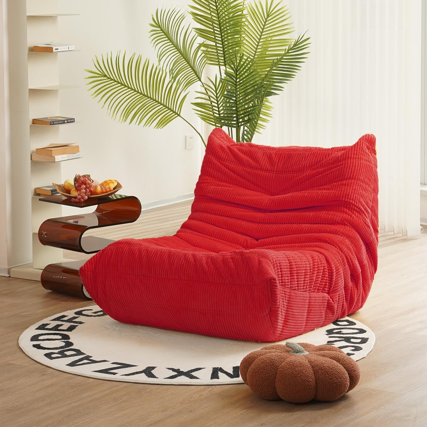 N&V Fireside Mid Century Armless Floor Sofa, Soft Premium Corduroy Floor Lounge Chair, Foam Sofa Accent Chair for Living Room Bedroom and Office (Red)