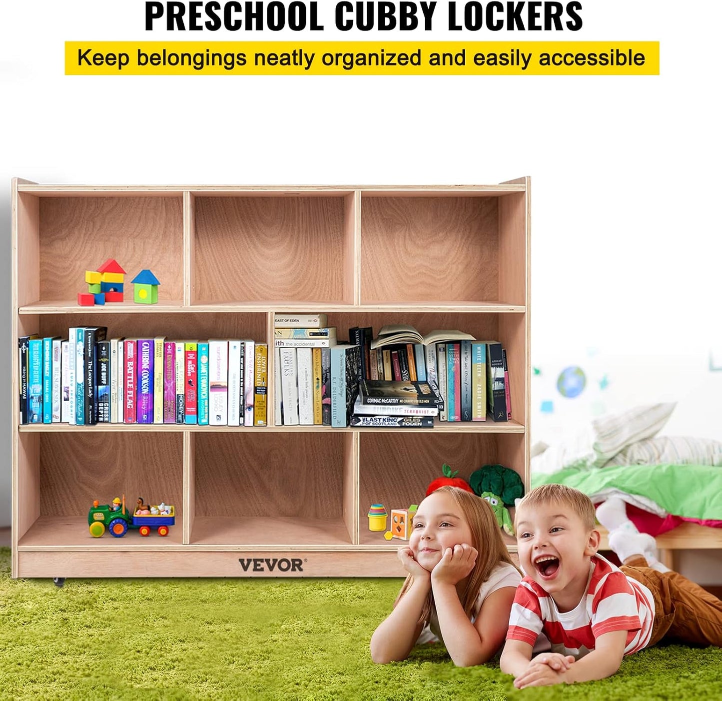 VEVOR Cubby Mobile Tray Storage Cabinet, 8-Compartment Cubby Storage Shelf, Cubby Storage Cabinet 3-Shelf, Classroom Cubbies, Classroom Furniture for Home, Daycare and Preschool, Natural