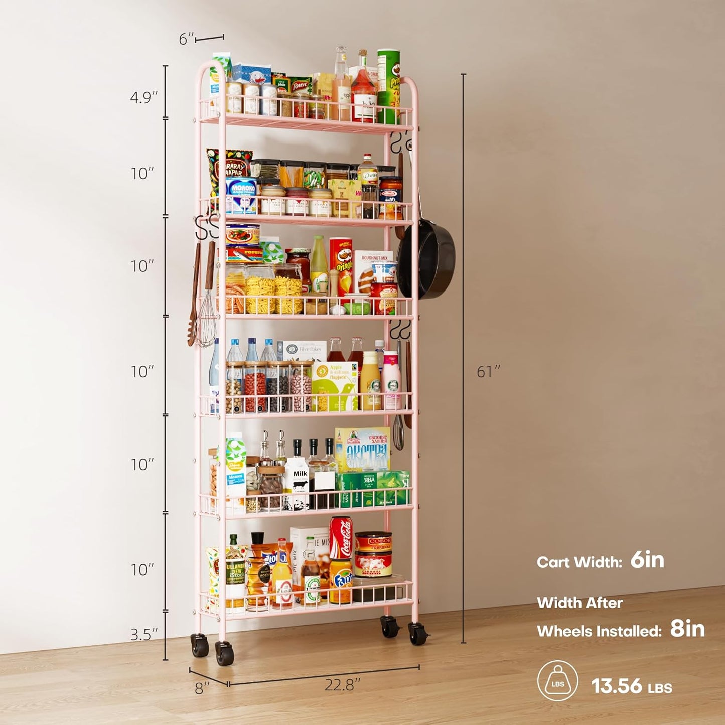 6-Tier Slim Storage Cart, Rolling Kitchen Cart with Wheels, Narrow Metal Shelf Organizer with Hooks for Kitchen, Bathroom, Living Room, Laundry, Small Spaces (Pink, 6 in)