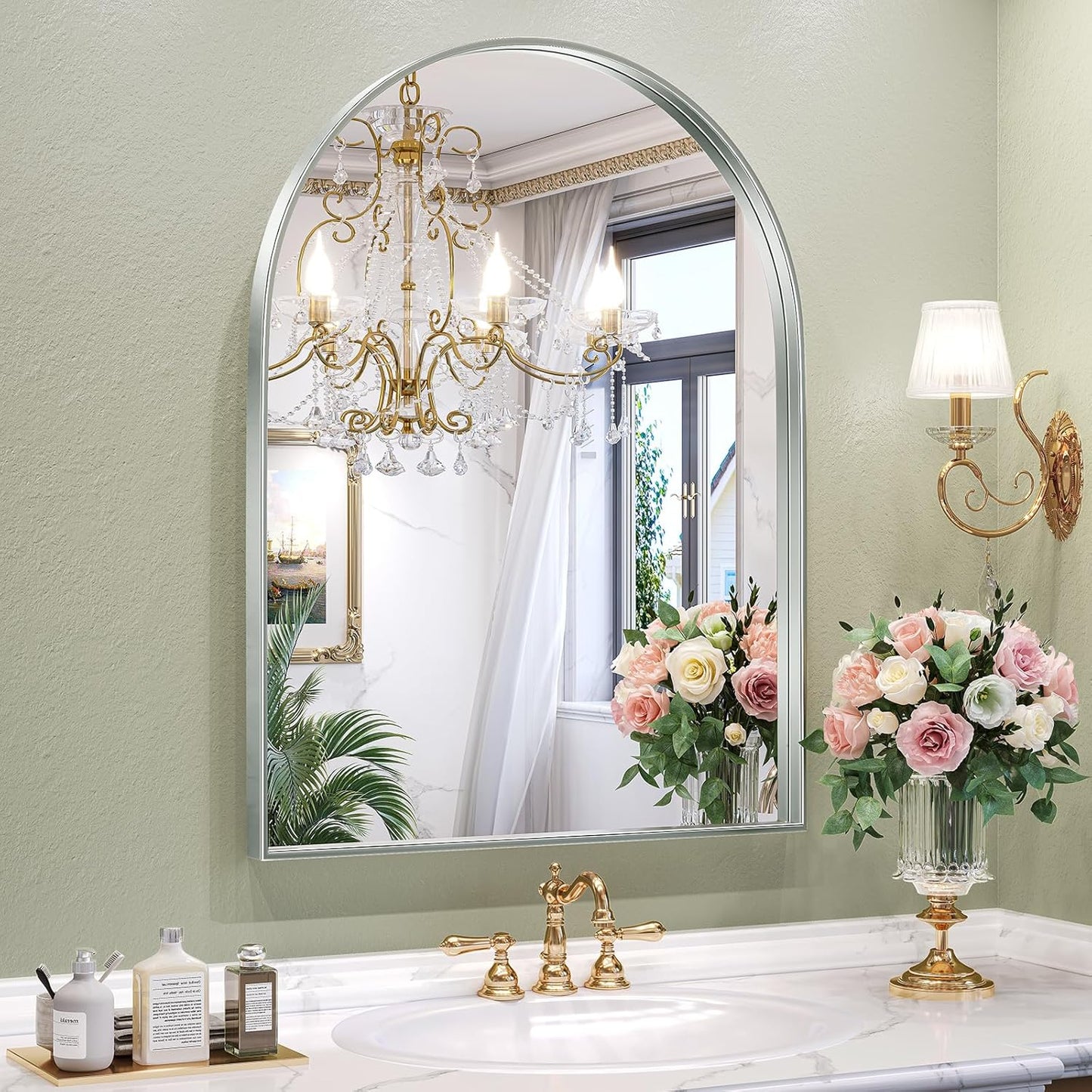 Brightify Metal Framed Arched Wall Mirror, 24 x 36 Inch, Silver, for Living Room, Bedroom, Bathroom, Hallway, Powder Room Decorative