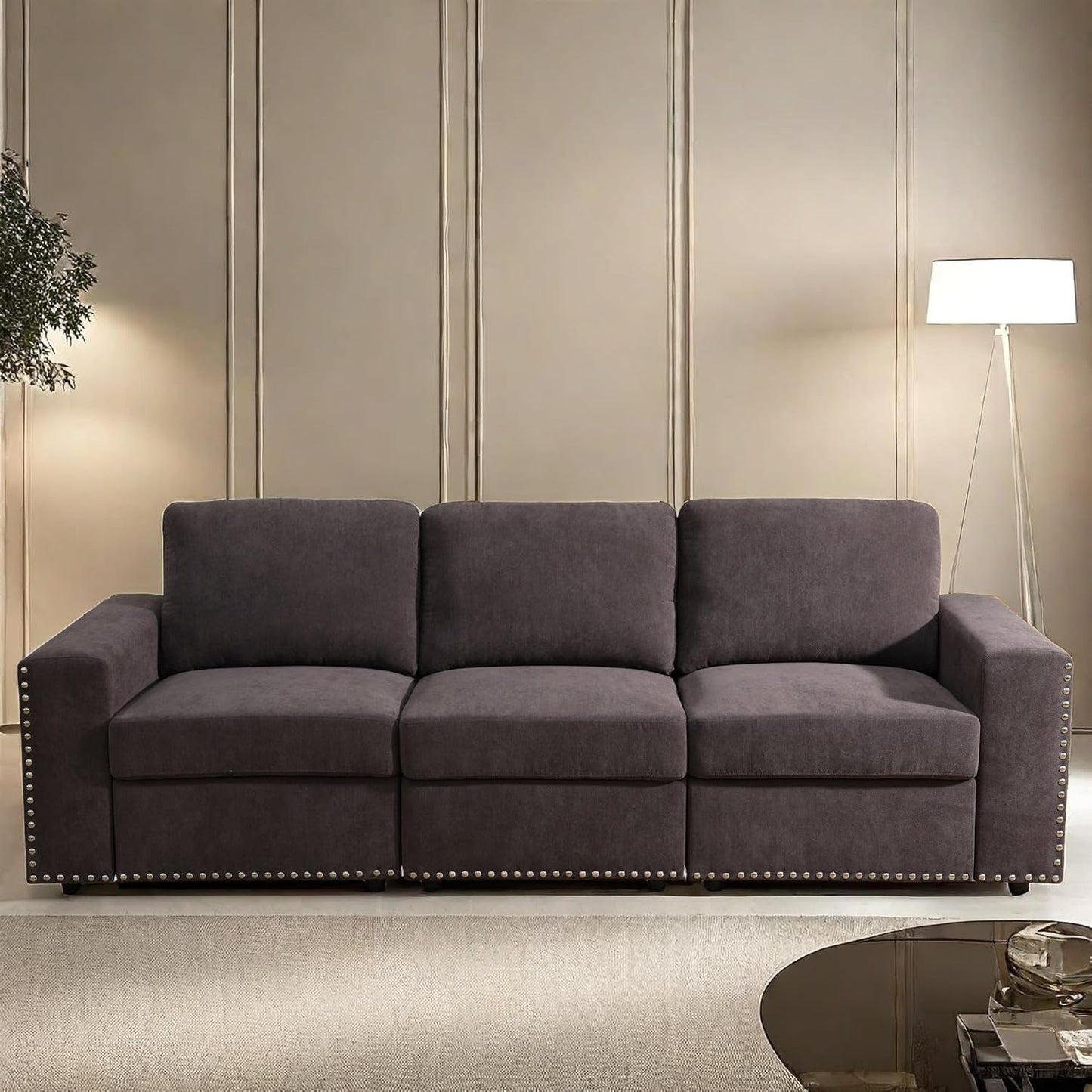 Sectional Couches for Living Room, 93″ Nail-Head Cloud Couches, Modern Comfy 3 Seater Sectional Sofa with Deep Seats for Bedroom, Office, Small Space, Brown