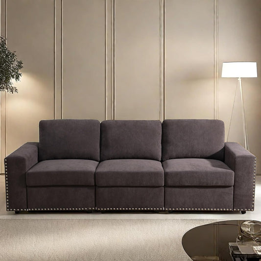 Sectional Couches for Living Room, 93″ Nail-Head Cloud Couches, Modern Comfy 3 Seater Sectional Sofa with Deep Seats for Bedroom, Office, Small Space, Brown